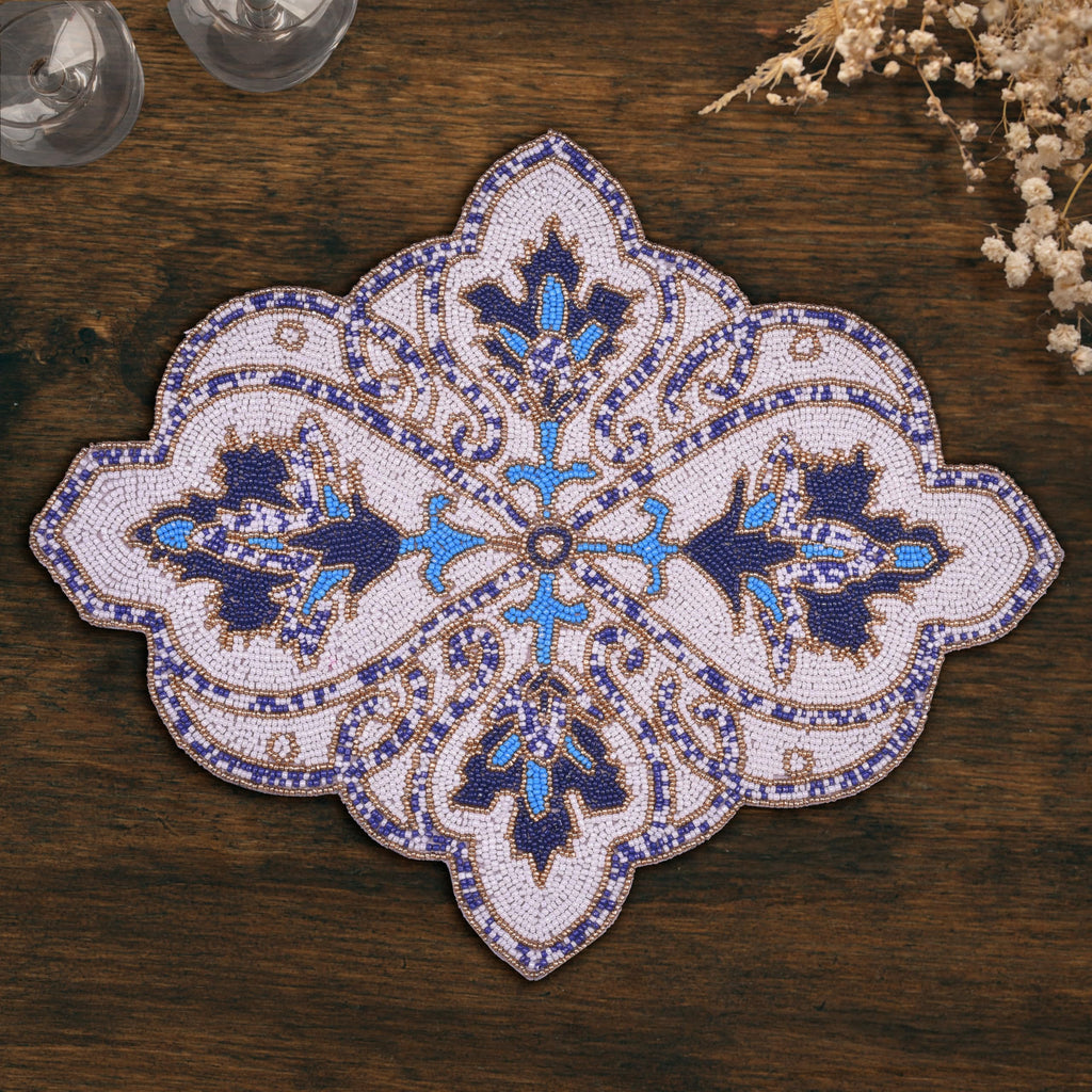 Marine Frost – Beaded Placemats in Blue White, Artistic Decorative Dining Table Accent 15x19 inch