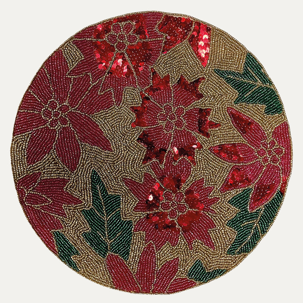 Crimson Cheer – Festive Beaded Placemats, Luxurious Decorative Dining Table Accent 14 inch