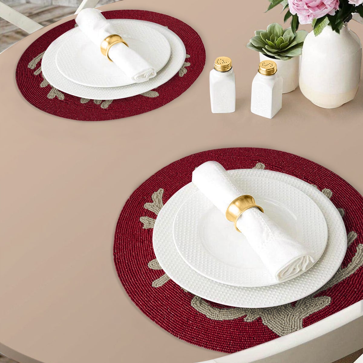 Radiant Charm – Stylish Red Beaded Placemats, Elegant Decorative Dining Table Décor 14 inch