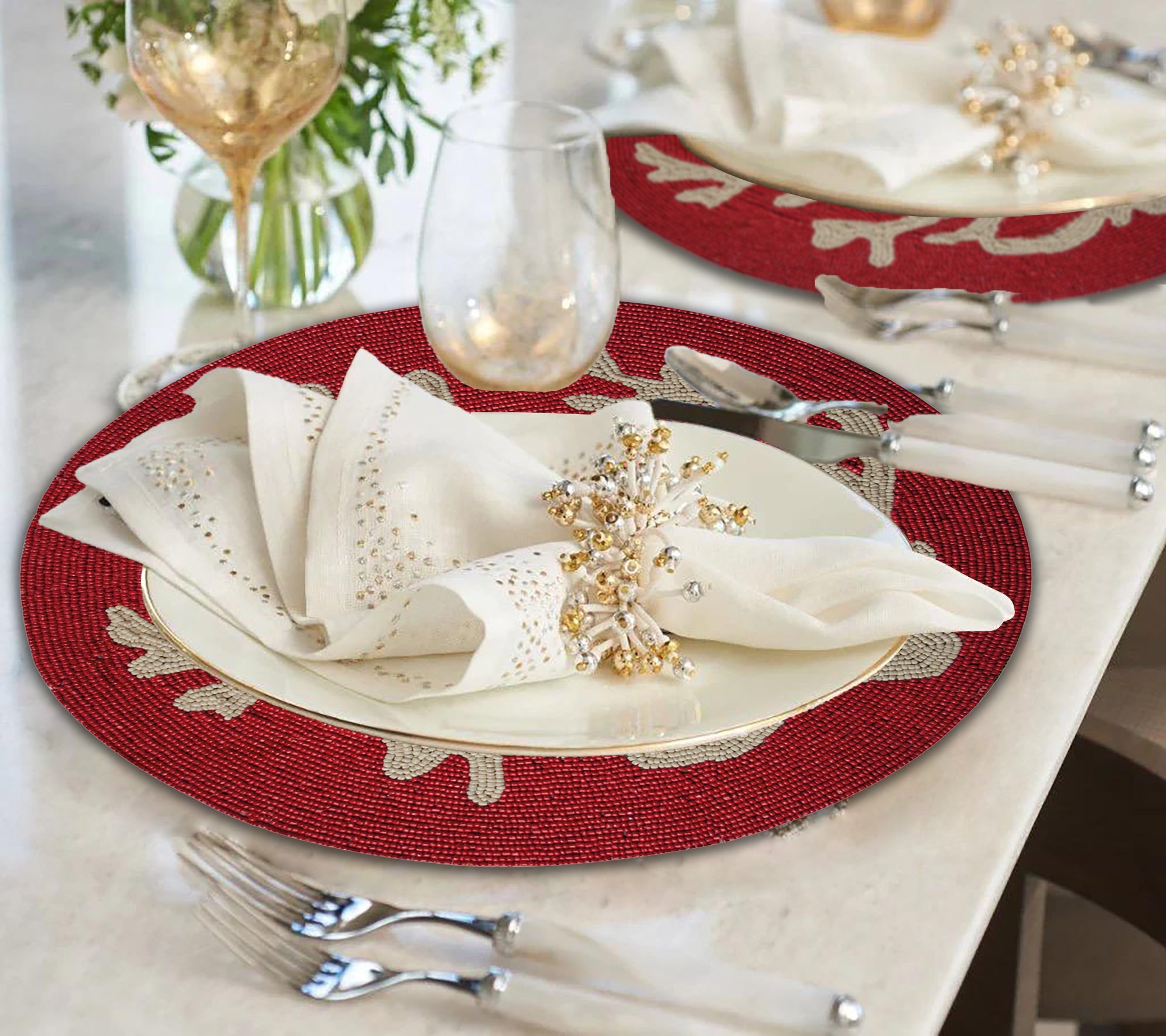Radiant Charm – Stylish Red Beaded Placemats, Elegant Decorative Dining Table Décor 14 inch