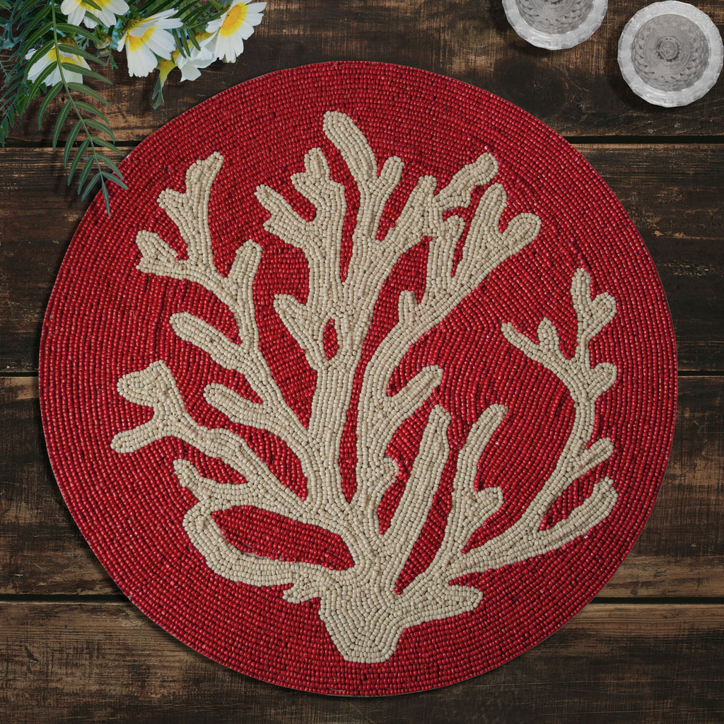 Radiant Charm – Stylish Red Beaded Placemats, Elegant Decorative Dining Table Décor 14 inch