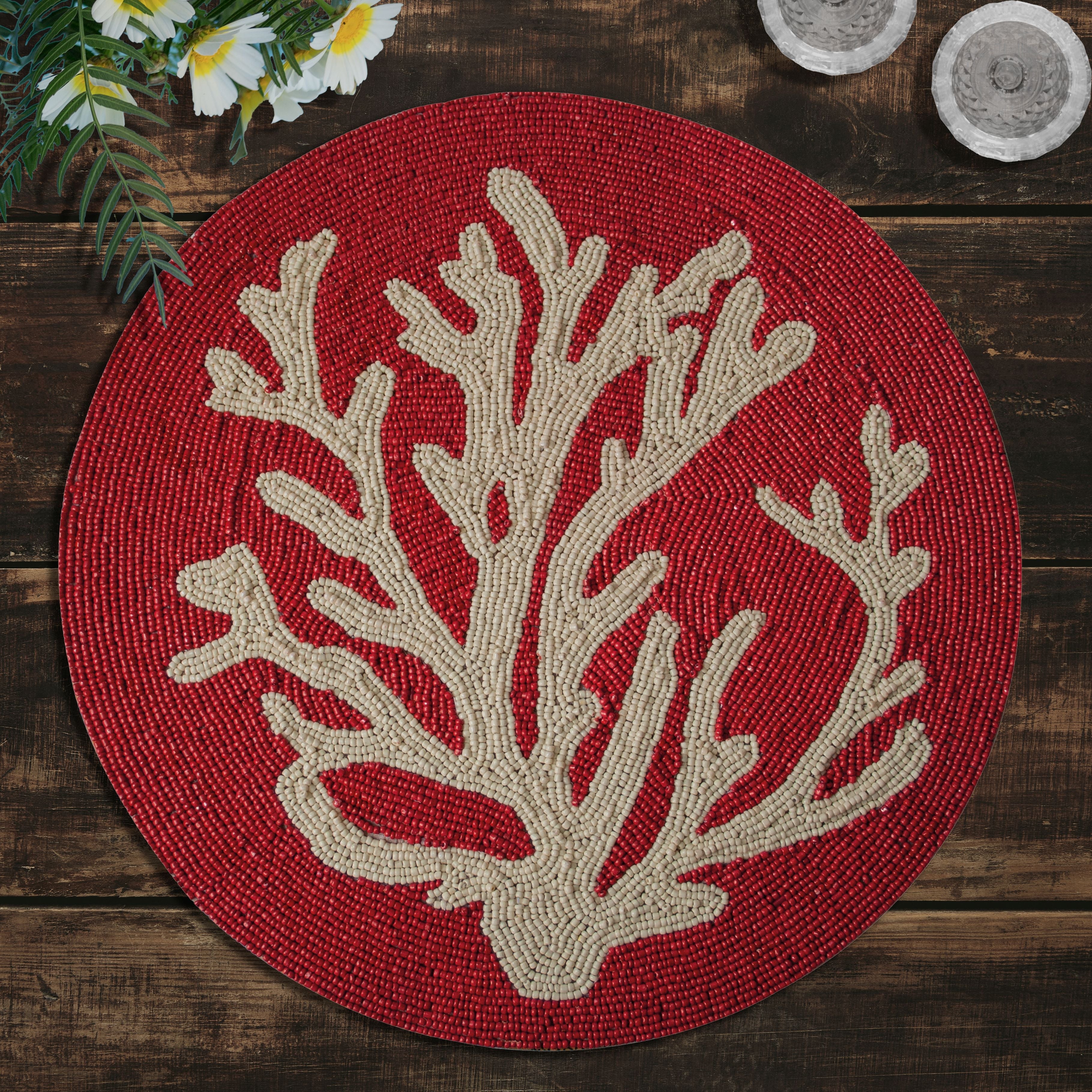 Radiant Charm – Stylish Red Beaded Placemats, Elegant Decorative Dining Table Décor 14 inch
