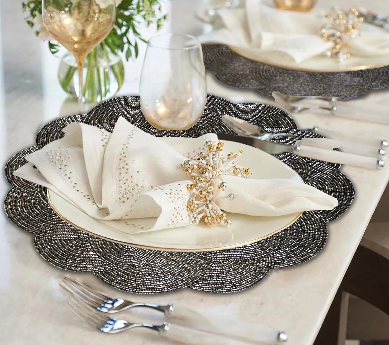 Jovie Bloom Beaded Placemats - Decorative Dining Table Décor 14 inch