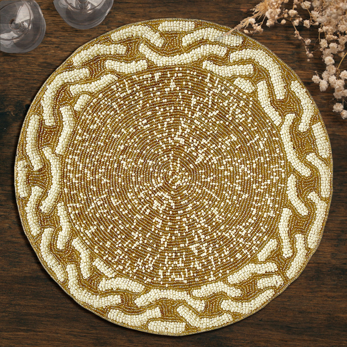 Beaded Placemats - Handmade Round Glass Bead Placemats with Satin Backing