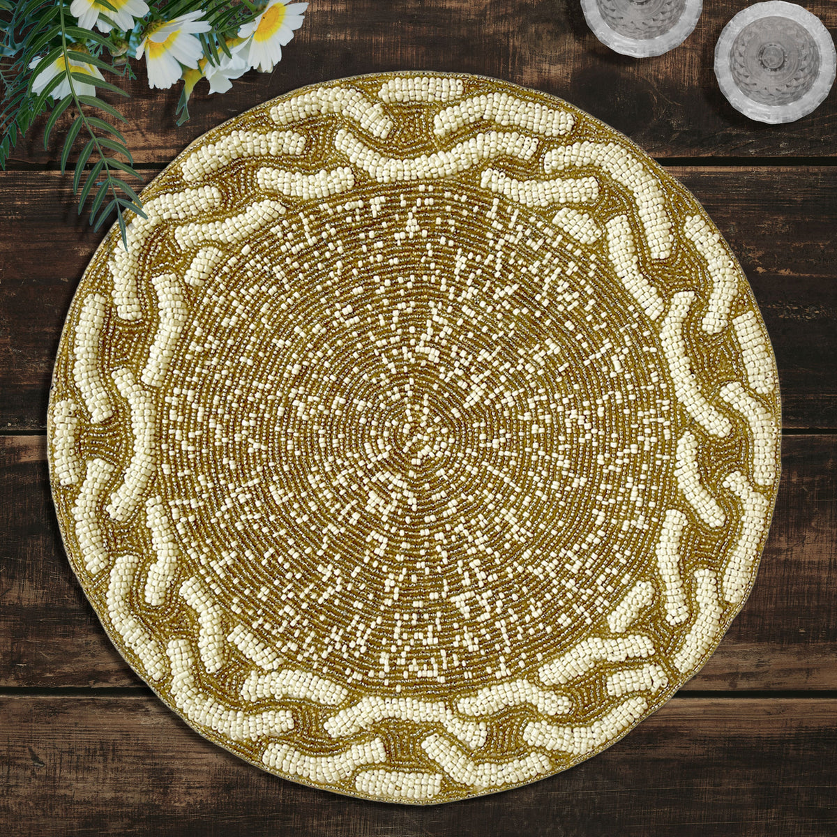 Beaded Placemats - Handmade Round Glass Bead Placemats with Satin Backing