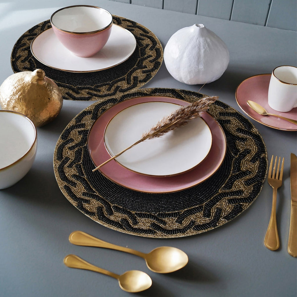 Round Beaded Placemats - 14" Heat-Resistant Table Mats in Black and Gold