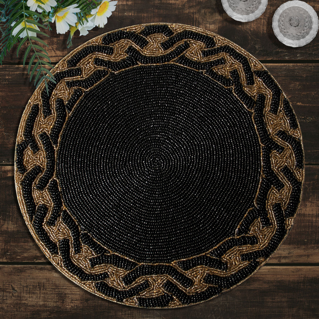 Round Beaded Placemats - 14" Heat-Resistant Table Mats in Black and Gold