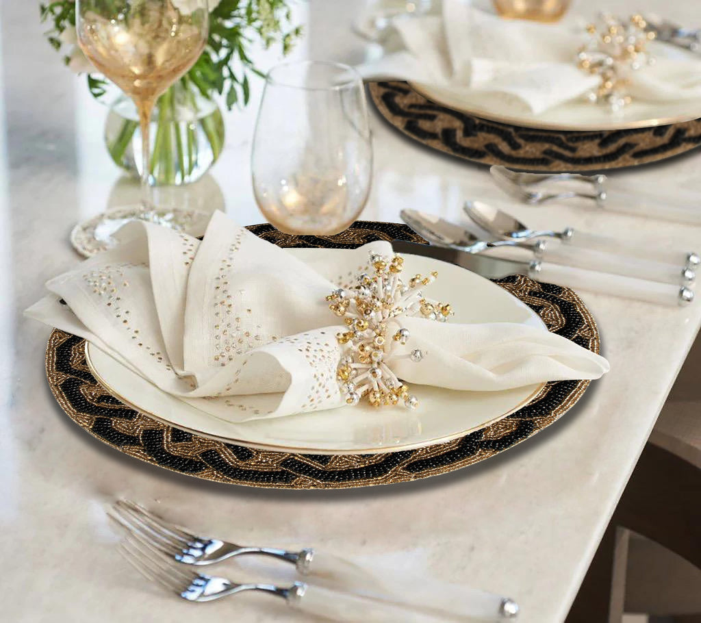 Round Beaded Placemats - 14" Heat-Resistant Table Mats in Black and Gold