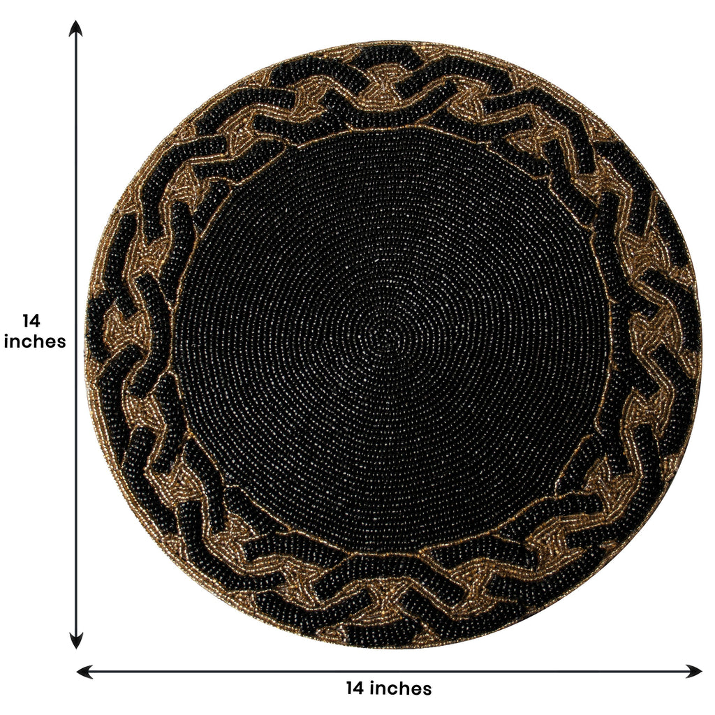Round Beaded Placemats - 14" Heat-Resistant Table Mats in Black and Gold
