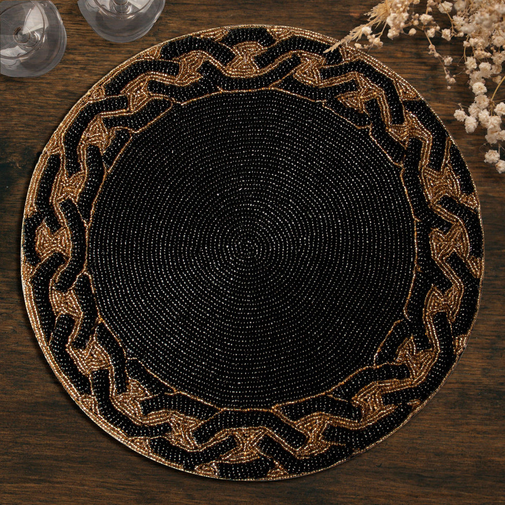 Round Beaded Placemats - 14" Heat-Resistant Table Mats in Black and Gold