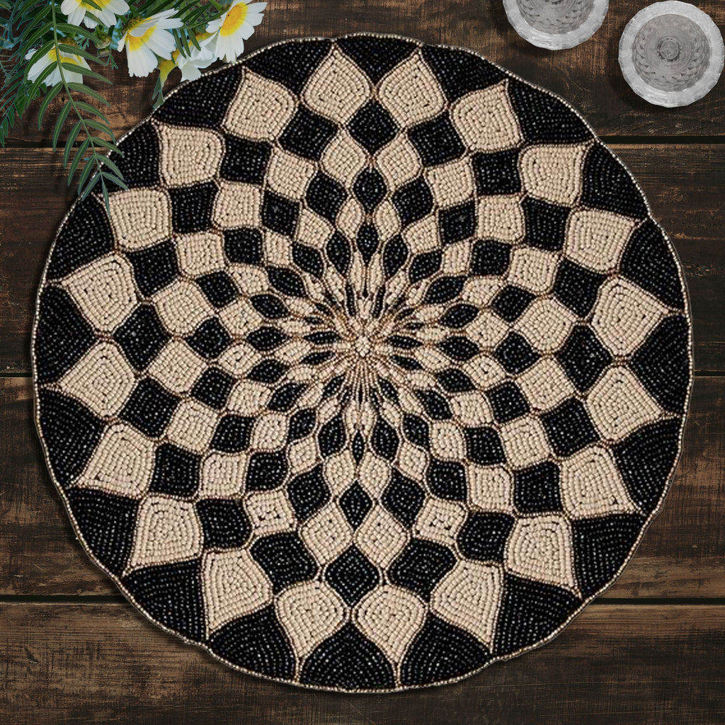 Ebony Drift – Round Beaded Placemats in Black Beige, Luxurious Decorative Dining Table Accent 14 inch