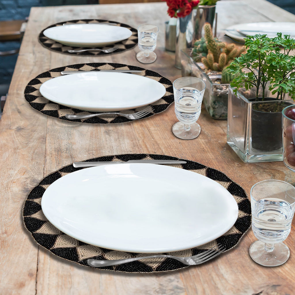 Ebony Drift – Round Beaded Placemats in Black Beige, Luxurious Decorative Dining Table Accent 14 inch