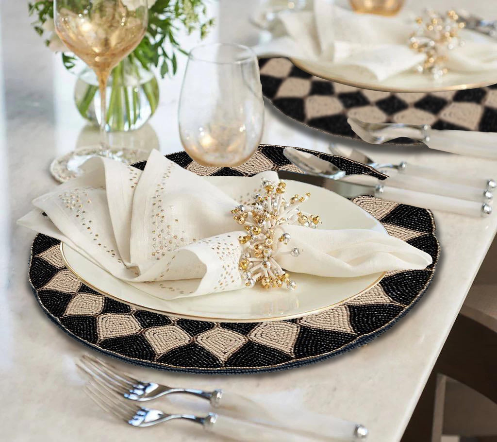 Ebony Drift – Round Beaded Placemats in Black Beige, Luxurious Decorative Dining Table Accent 14 inch