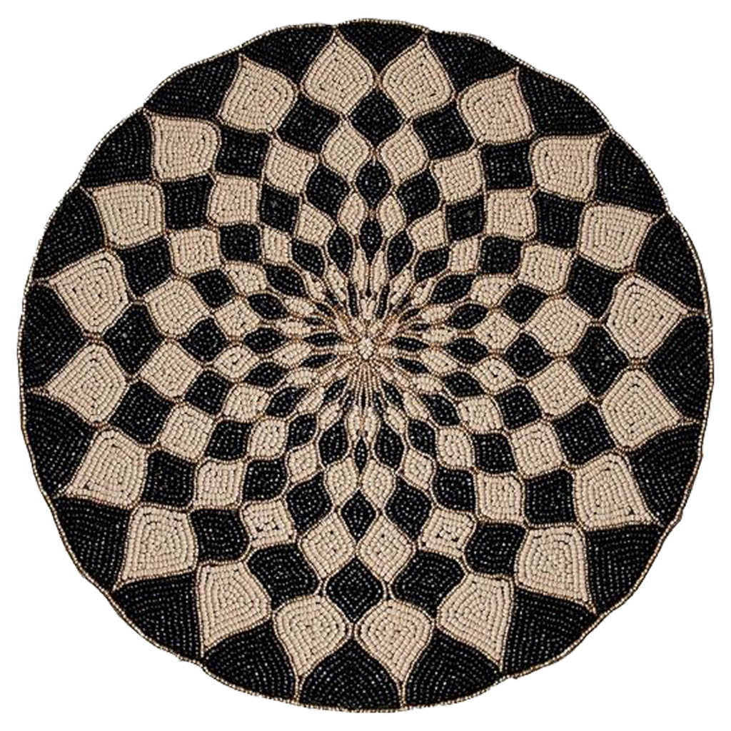 Ebony Drift – Round Beaded Placemats in Black Beige, Luxurious Decorative Dining Table Accent 14 inch