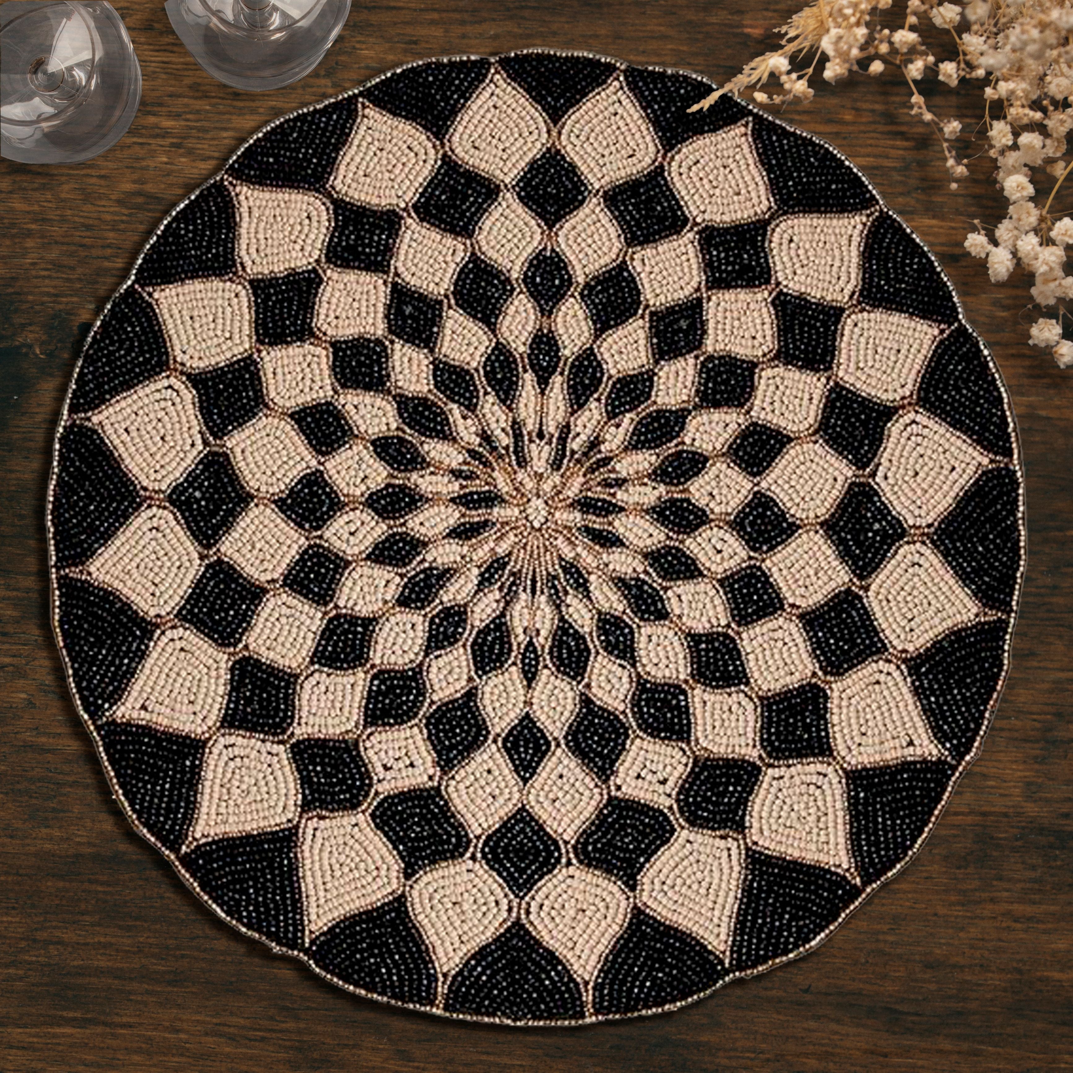 Ebony Drift – Round Beaded Placemats in Black Beige, Luxurious Decorative Dining Table Accent 14 inch