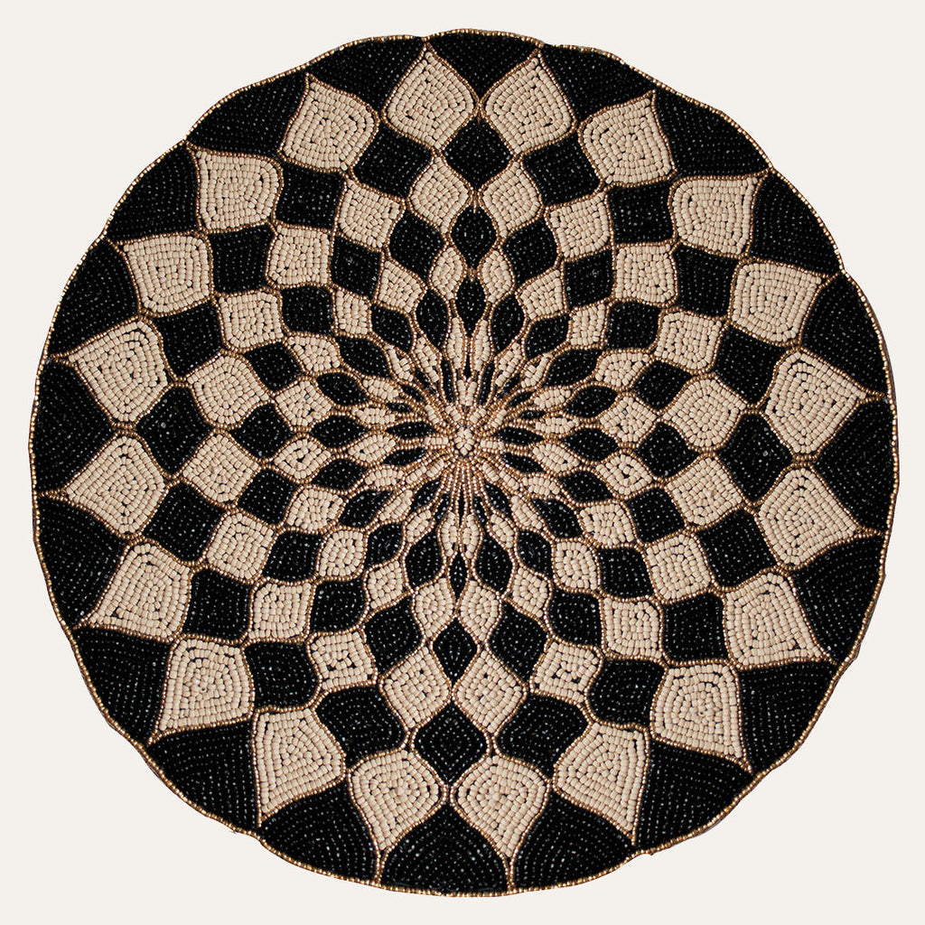 Ebony Drift – Round Beaded Placemats in Black Beige, Luxurious Decorative Dining Table Accent 14 inch
