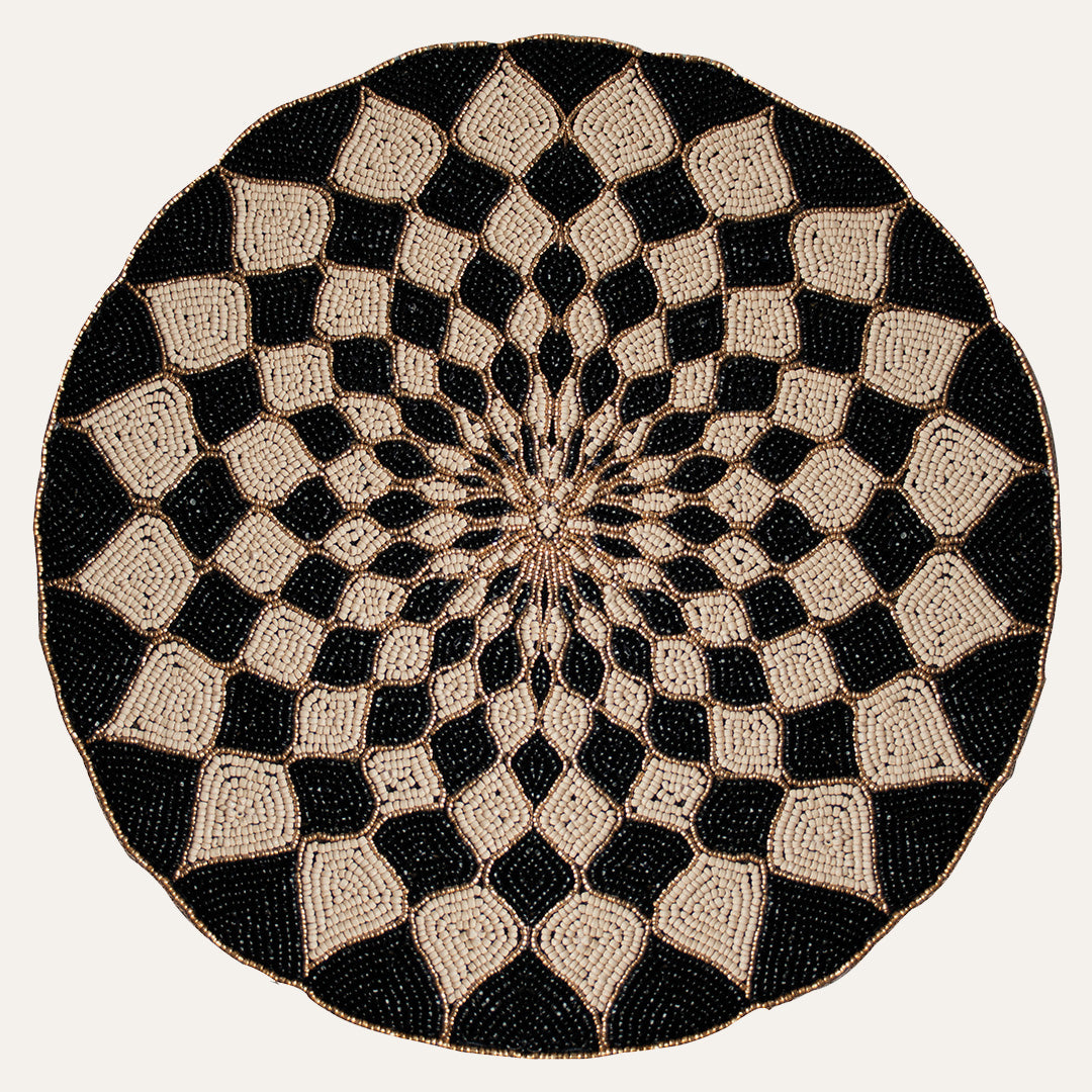 Ebony Drift – Round Beaded Placemats in Black Beige, Luxurious Decorative Dining Table Accent 14 inch