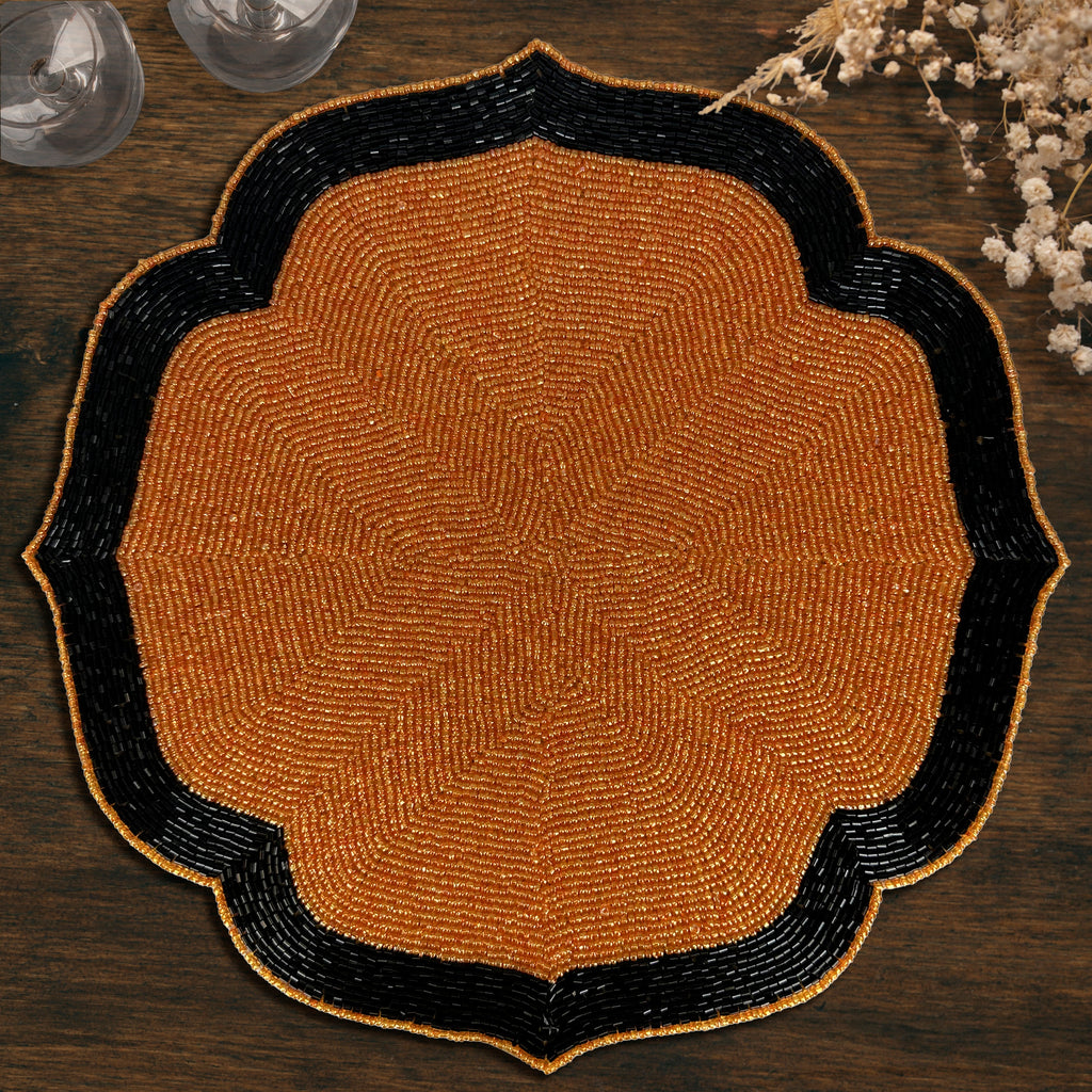Amber Noir – Beaded Placemats in Warm Copper and Black, Heat Resistant Dining Table Décor 14 inch
