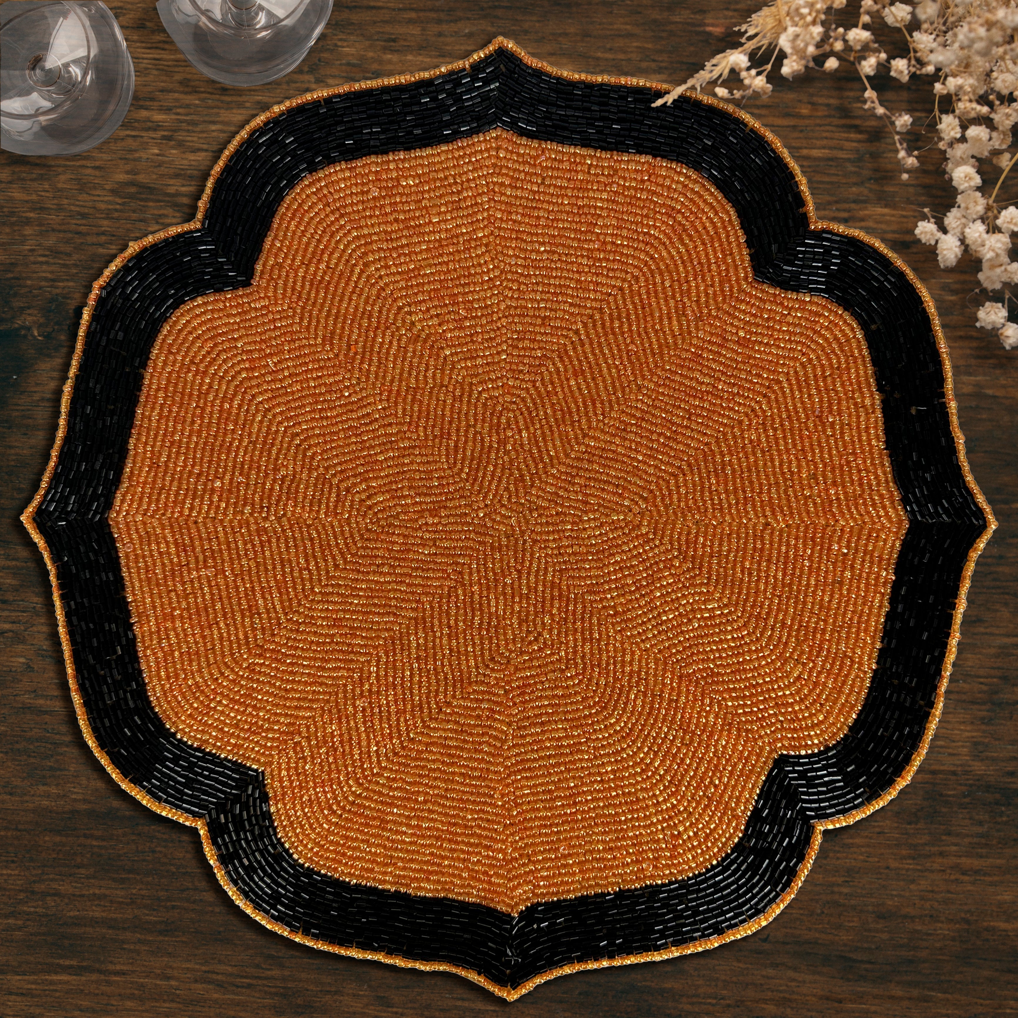 Amber Noir – Beaded Placemats in Warm Copper and Black, Heat Resistant Dining Table Décor 14 inch