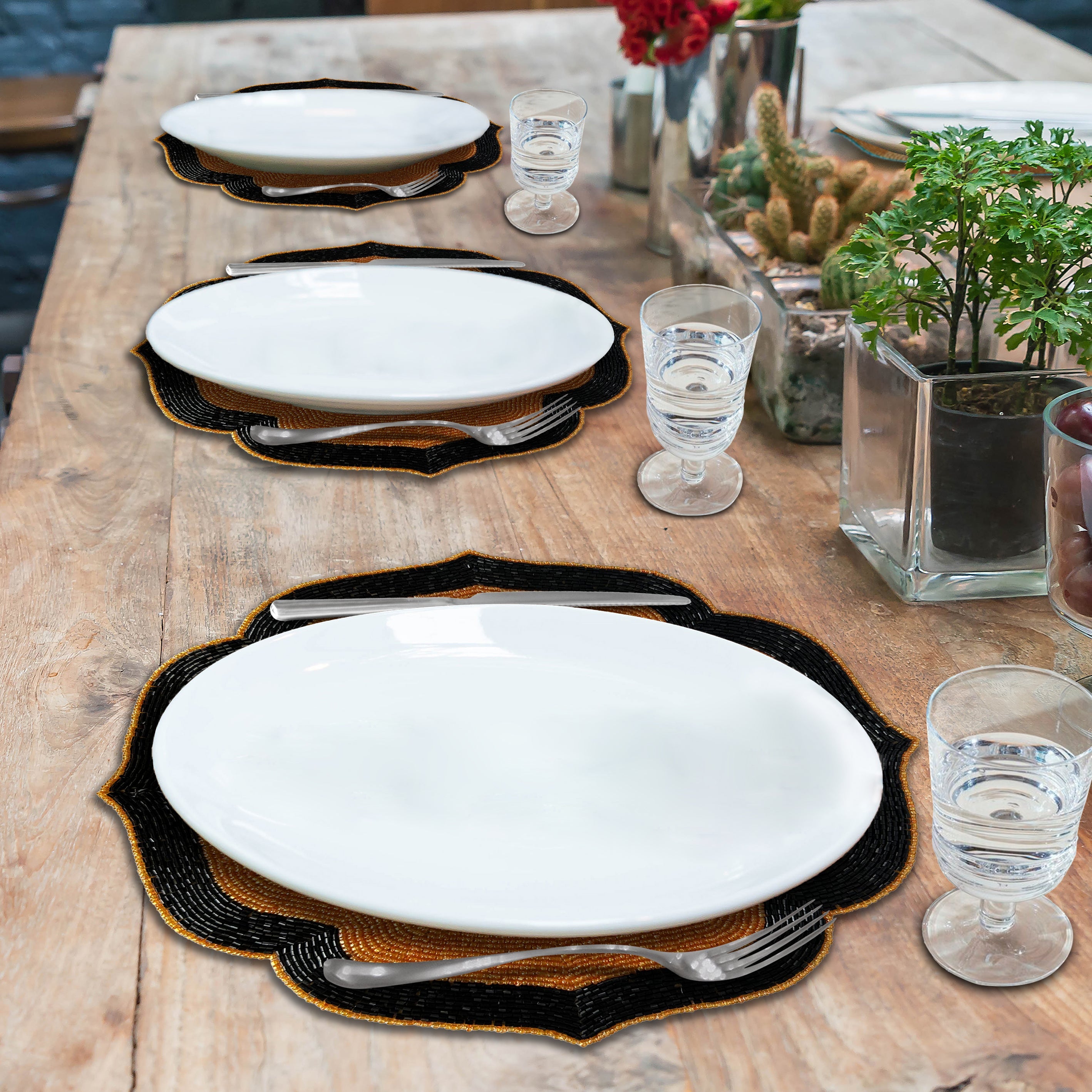 Amber Noir – Beaded Placemats in Warm Copper and Black, Heat Resistant Dining Table Décor 14 inch