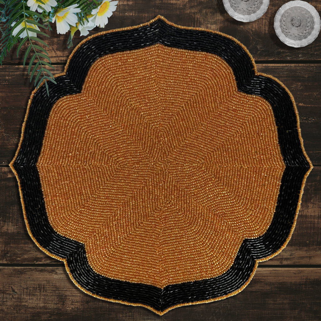 Amber Noir – Beaded Placemats in Warm Copper and Black, Heat Resistant Dining Table Décor 14 inch