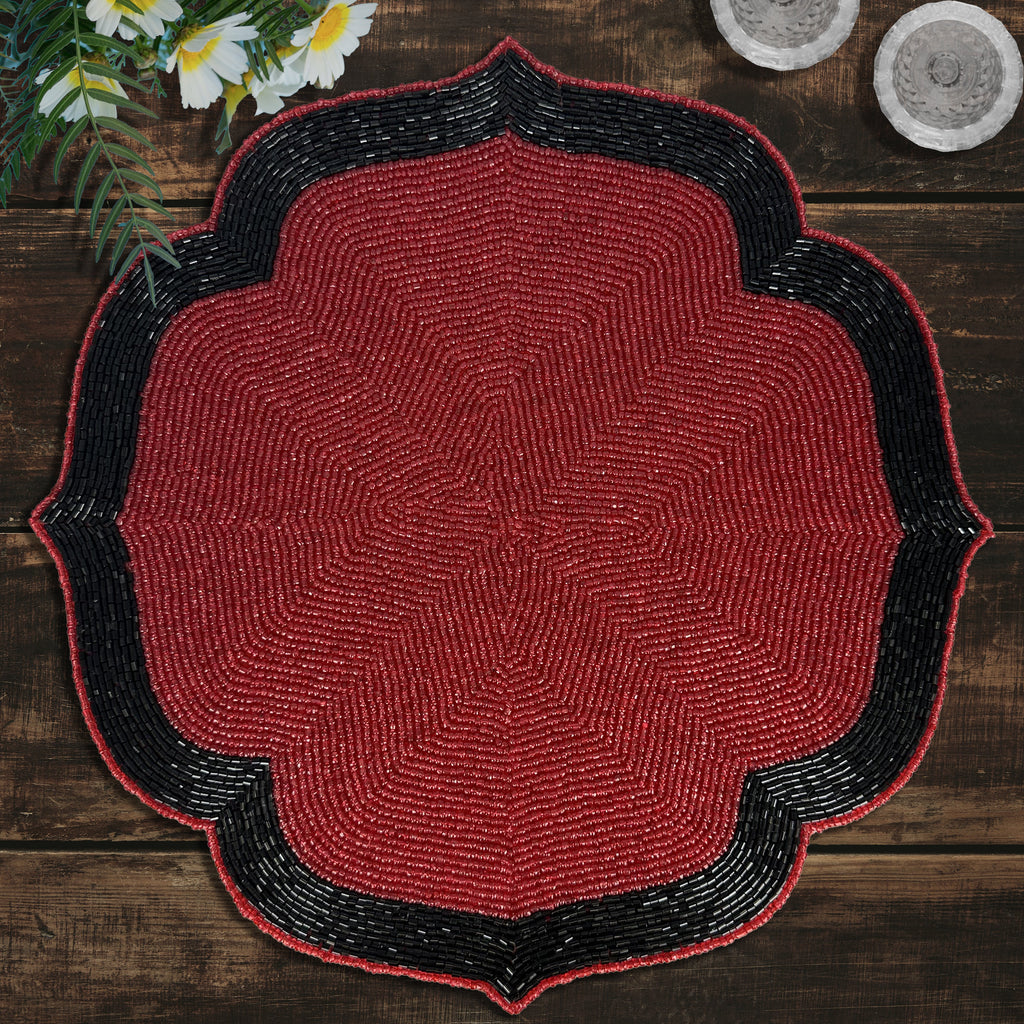 Scarlet Shadow – Beaded Placemats in Deep Red and Black Decorative Dining Table Accent 14 inch
