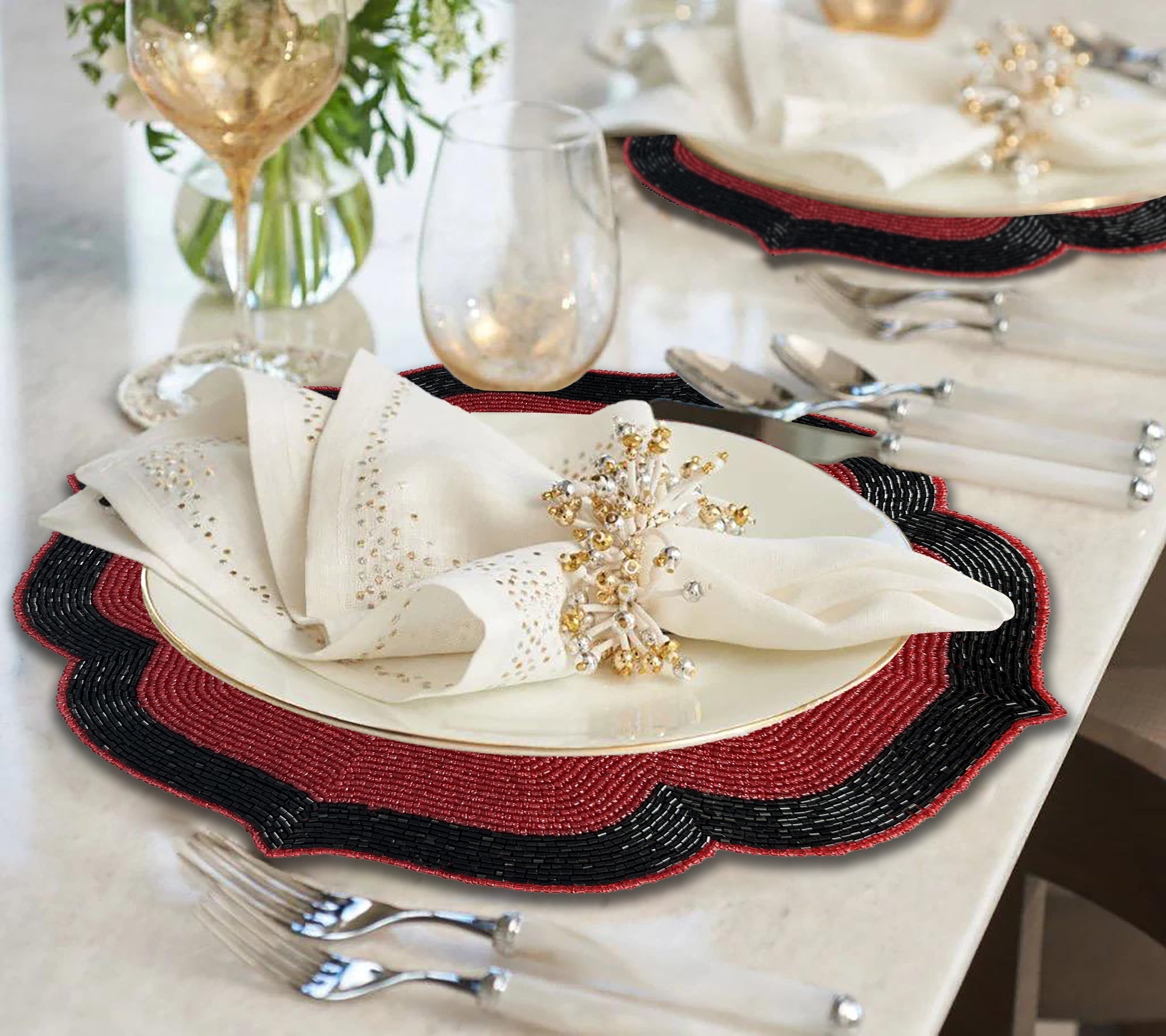 Scarlet Shadow – Beaded Placemats in Deep Red and Black Decorative Dining Table Accent 14 inch