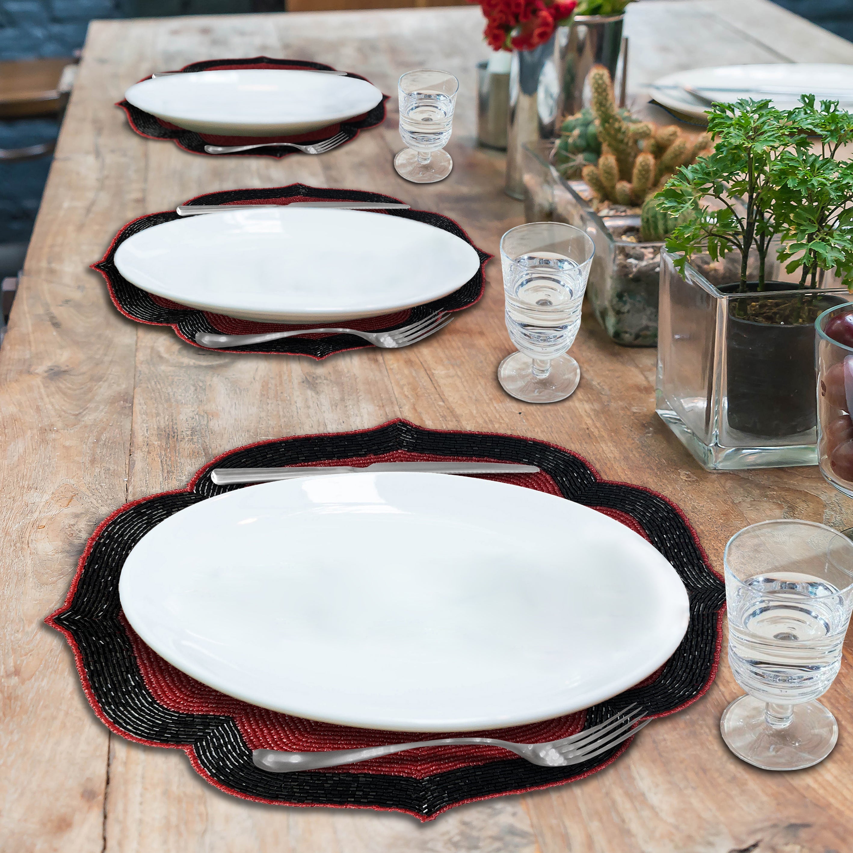 Scarlet Shadow – Beaded Placemats in Deep Red and Black Decorative Dining Table Accent 14 inch