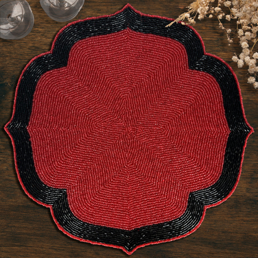 Scarlet Shadow – Beaded Placemats in Deep Red and Black Decorative Dining Table Accent 14 inch