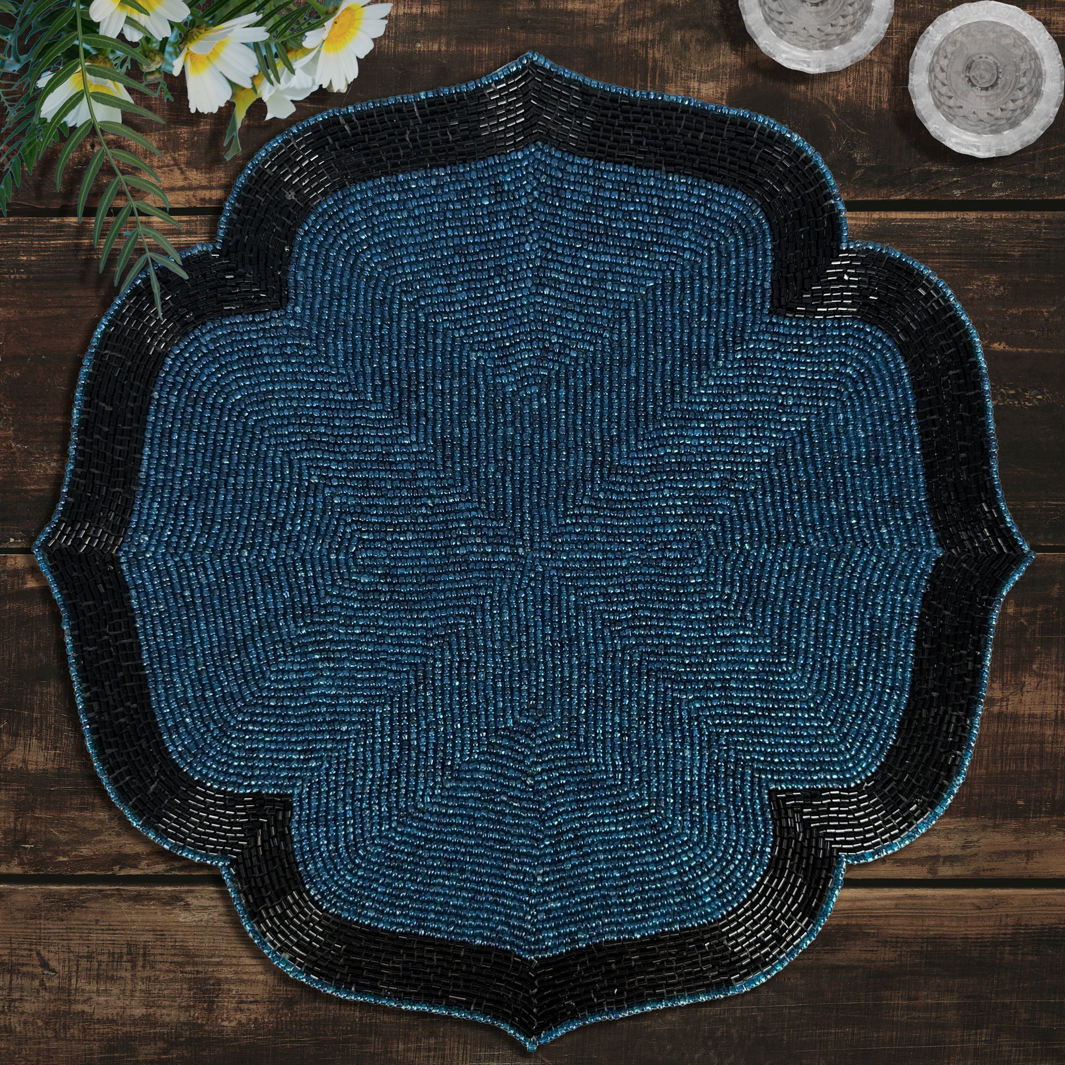 Teal Eclipse – Beaded Placemats in Teal and Black Elegant Heat Resistant Dining Table Décor 14 inch