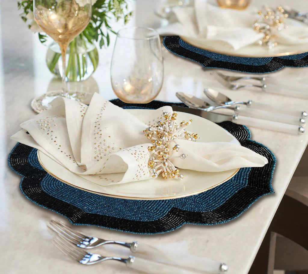 Teal Eclipse – Beaded Placemats in Teal and Black Elegant Heat Resistant Dining Table Décor 14 inch