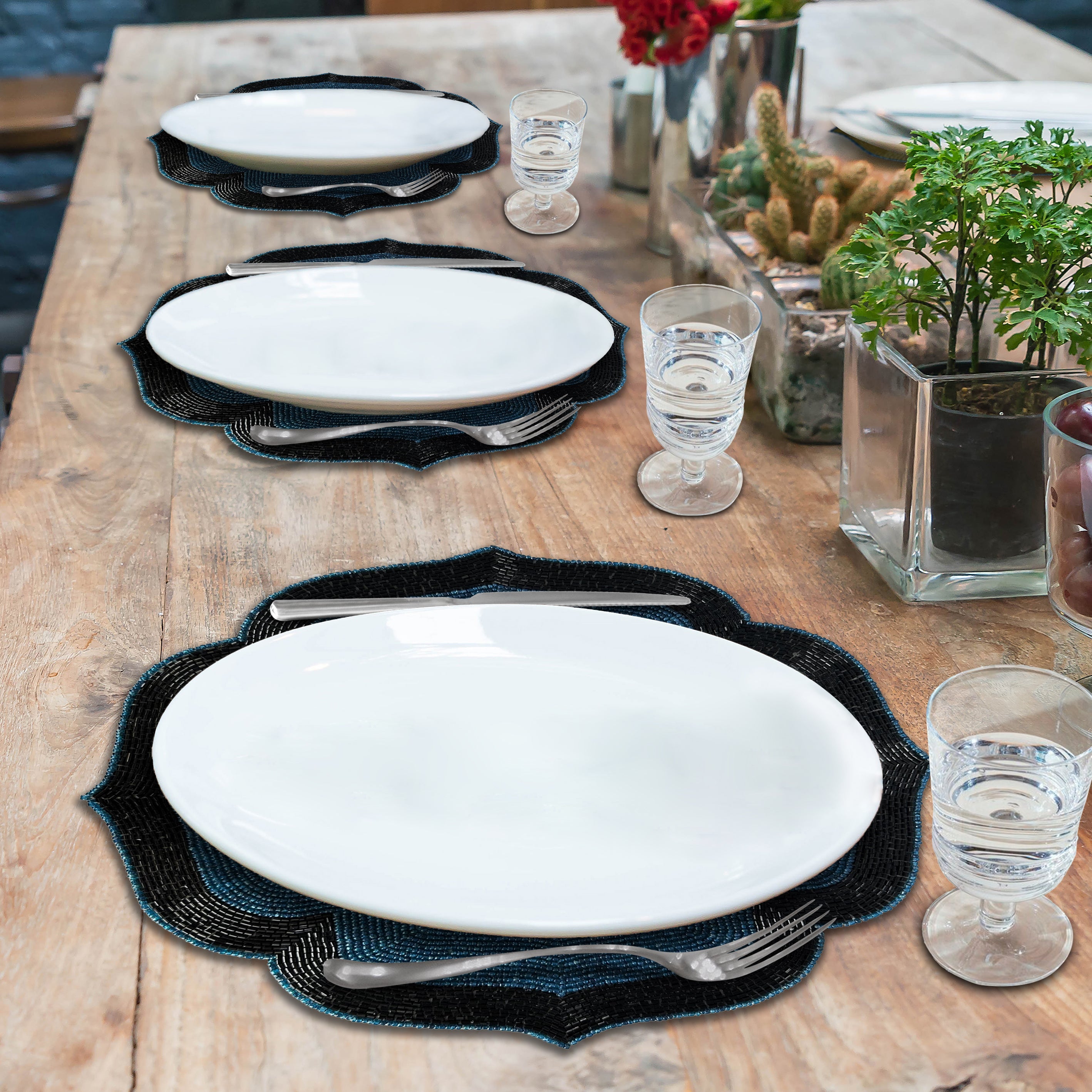 Teal Eclipse – Beaded Placemats in Teal and Black Elegant Heat Resistant Dining Table Décor 14 inch