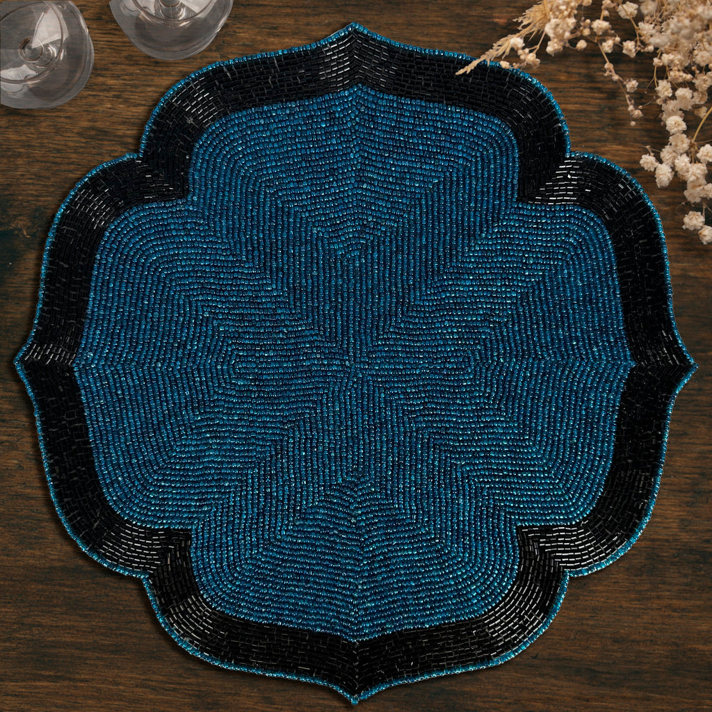 Teal Eclipse – Beaded Placemats in Teal and Black Elegant Heat Resistant Dining Table Décor 14 inch