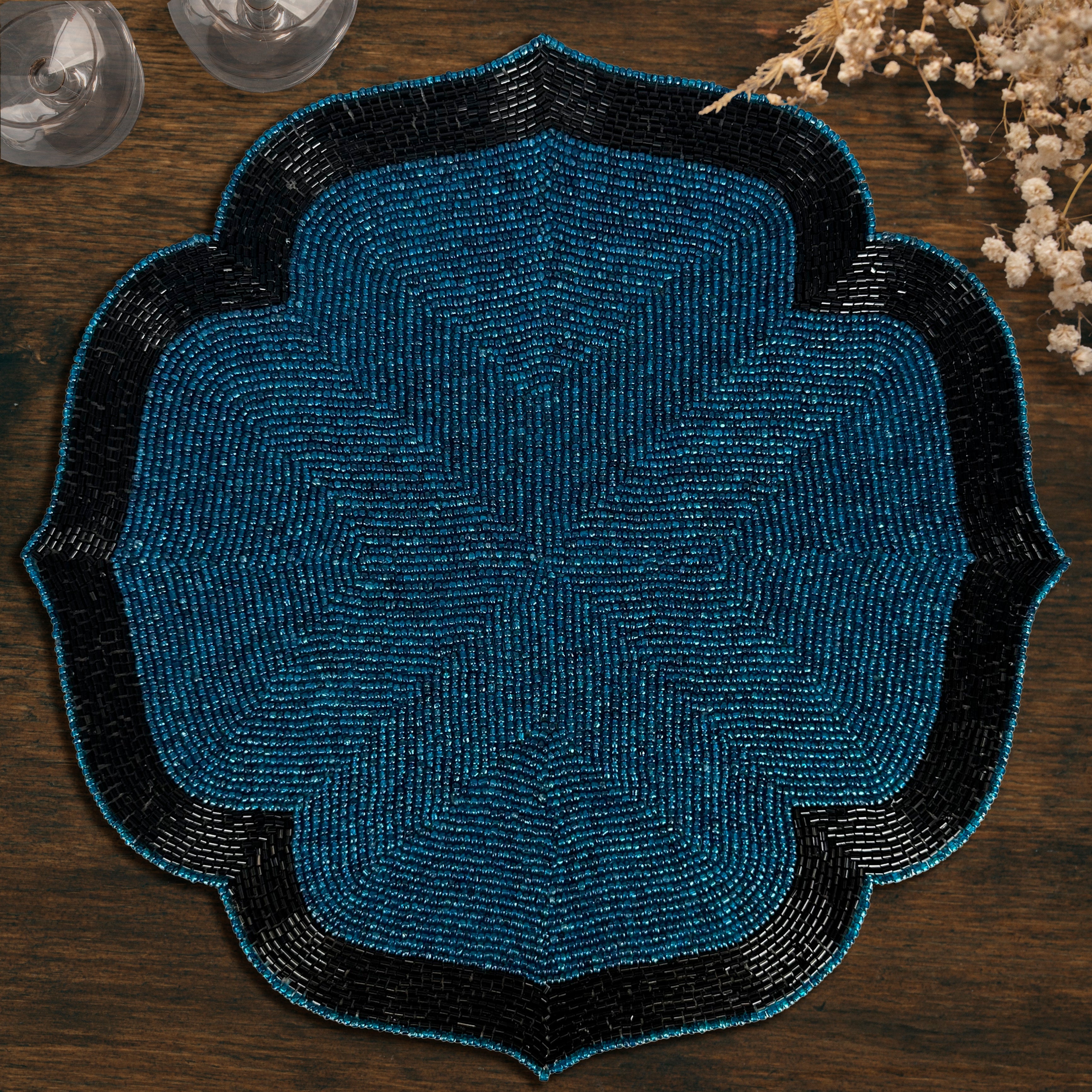 Teal Eclipse – Beaded Placemats in Teal and Black Elegant Heat Resistant Dining Table Décor 14 inch