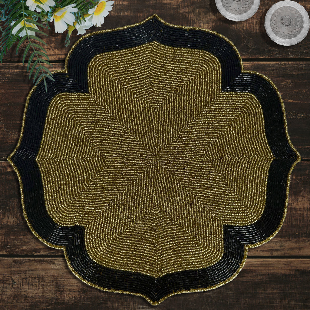 Midnight Ember – Beaded Placemats in Gold and Black Artistic Heat-Resistant Dining Table Décor 14 inch