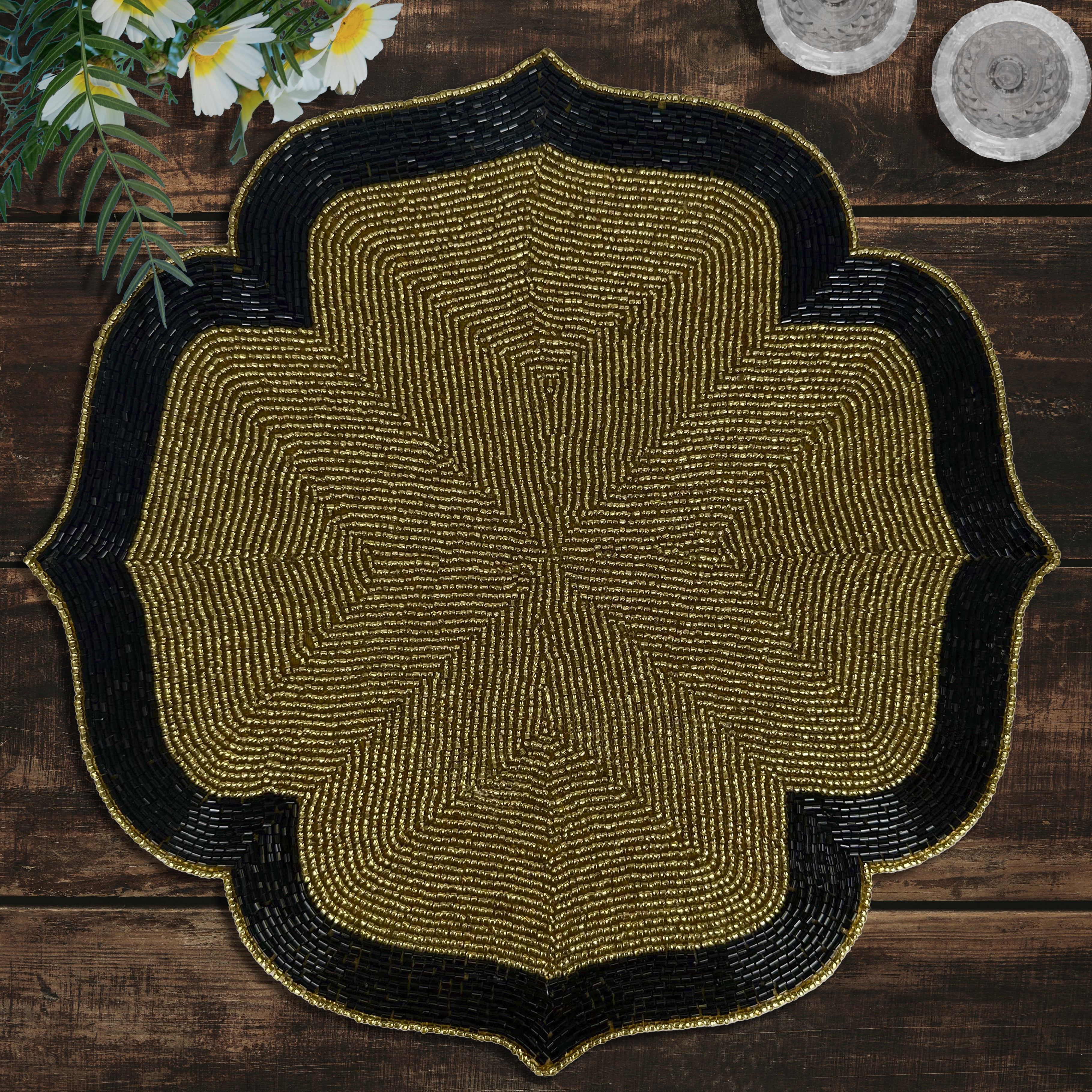 Midnight Ember – Beaded Placemats in Gold and Black Artistic Heat-Resistant Dining Table Décor 14 inch