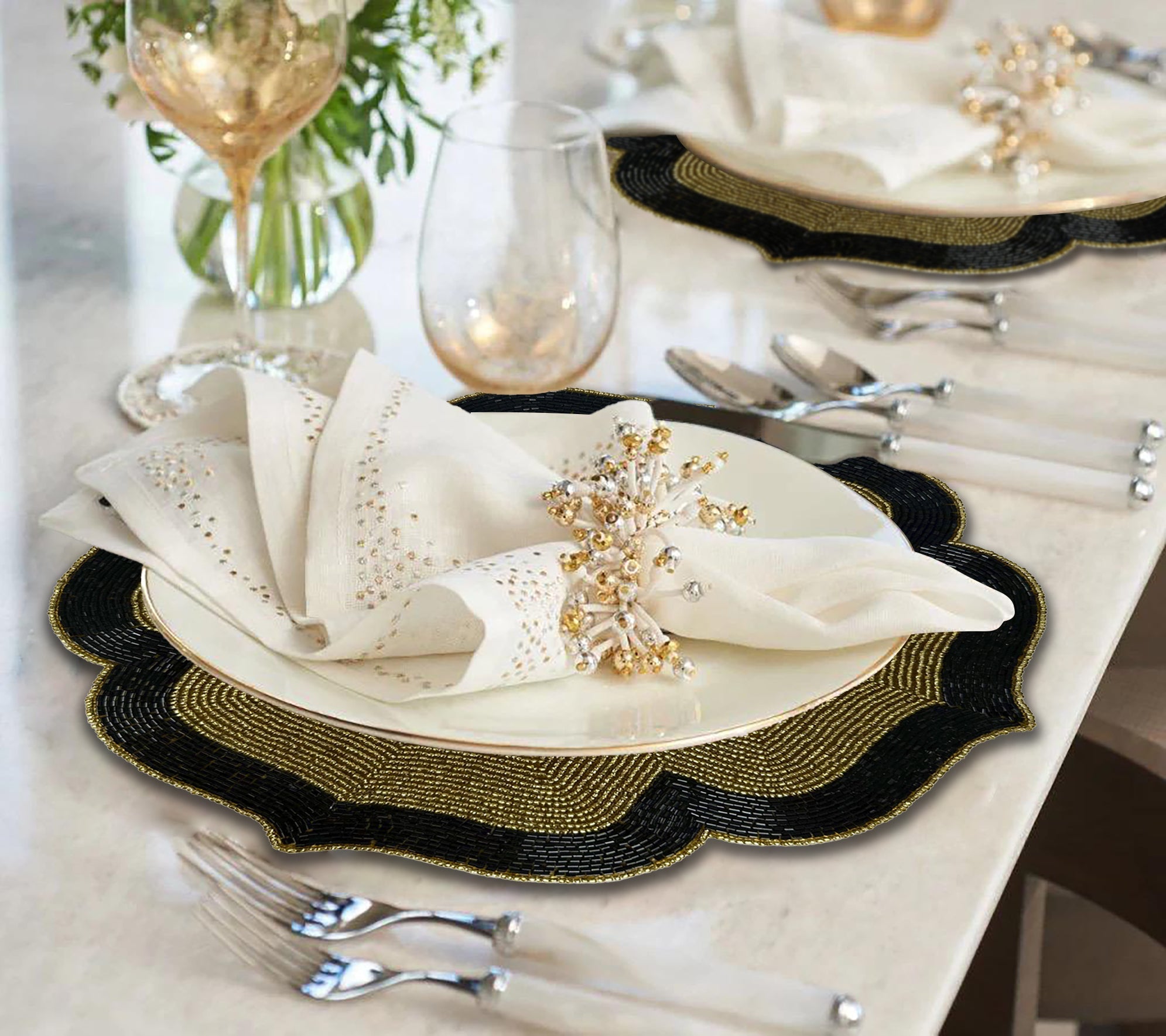 Midnight Ember – Beaded Placemats in Gold and Black Artistic Heat-Resistant Dining Table Décor 14 inch
