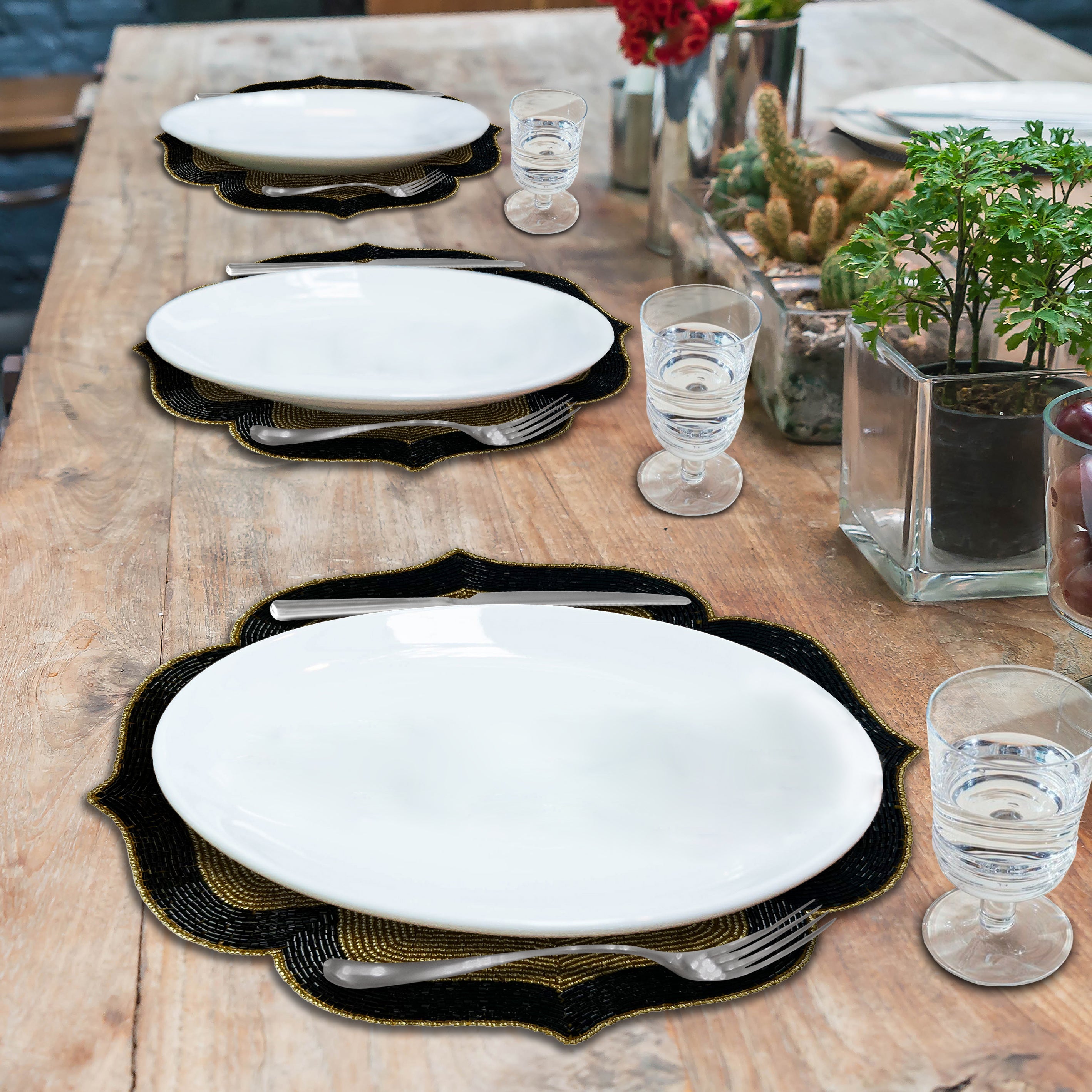 Midnight Ember – Beaded Placemats in Gold and Black Artistic Heat-Resistant Dining Table Décor 14 inch