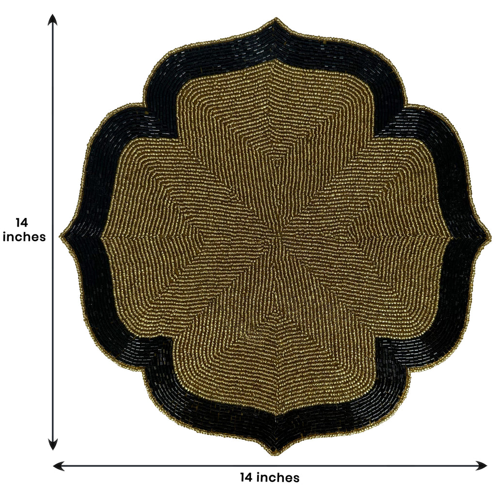 Midnight Ember – Beaded Placemats in Gold and Black Artistic Heat-Resistant Dining Table Décor 14 inch