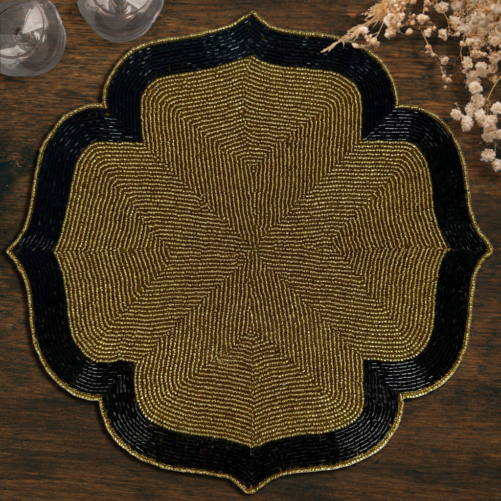 Midnight Ember – Beaded Placemats in Gold and Black Artistic Heat-Resistant Dining Table Décor 14 inch
