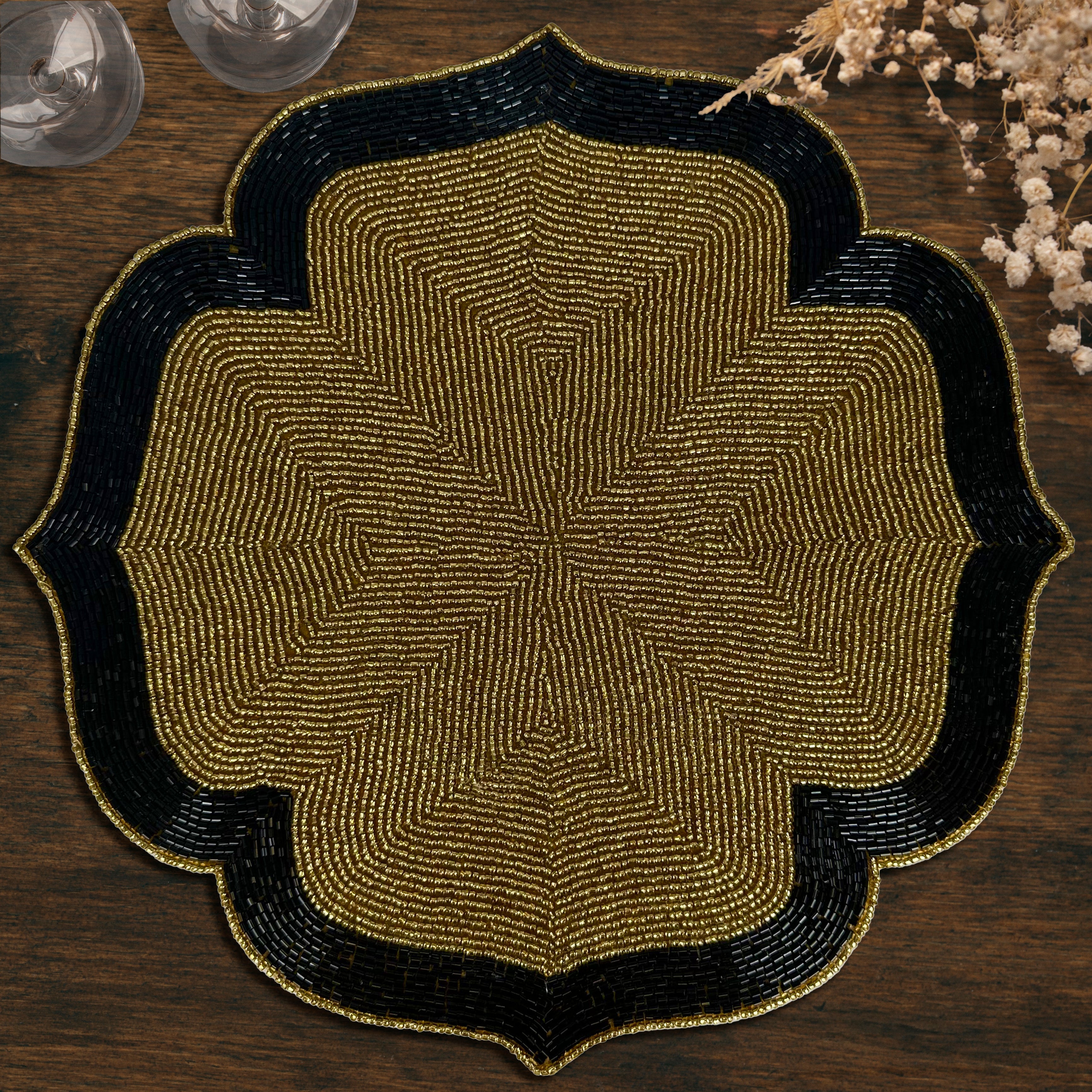 Midnight Ember – Beaded Placemats in Gold and Black Artistic Heat-Resistant Dining Table Décor 14 inch