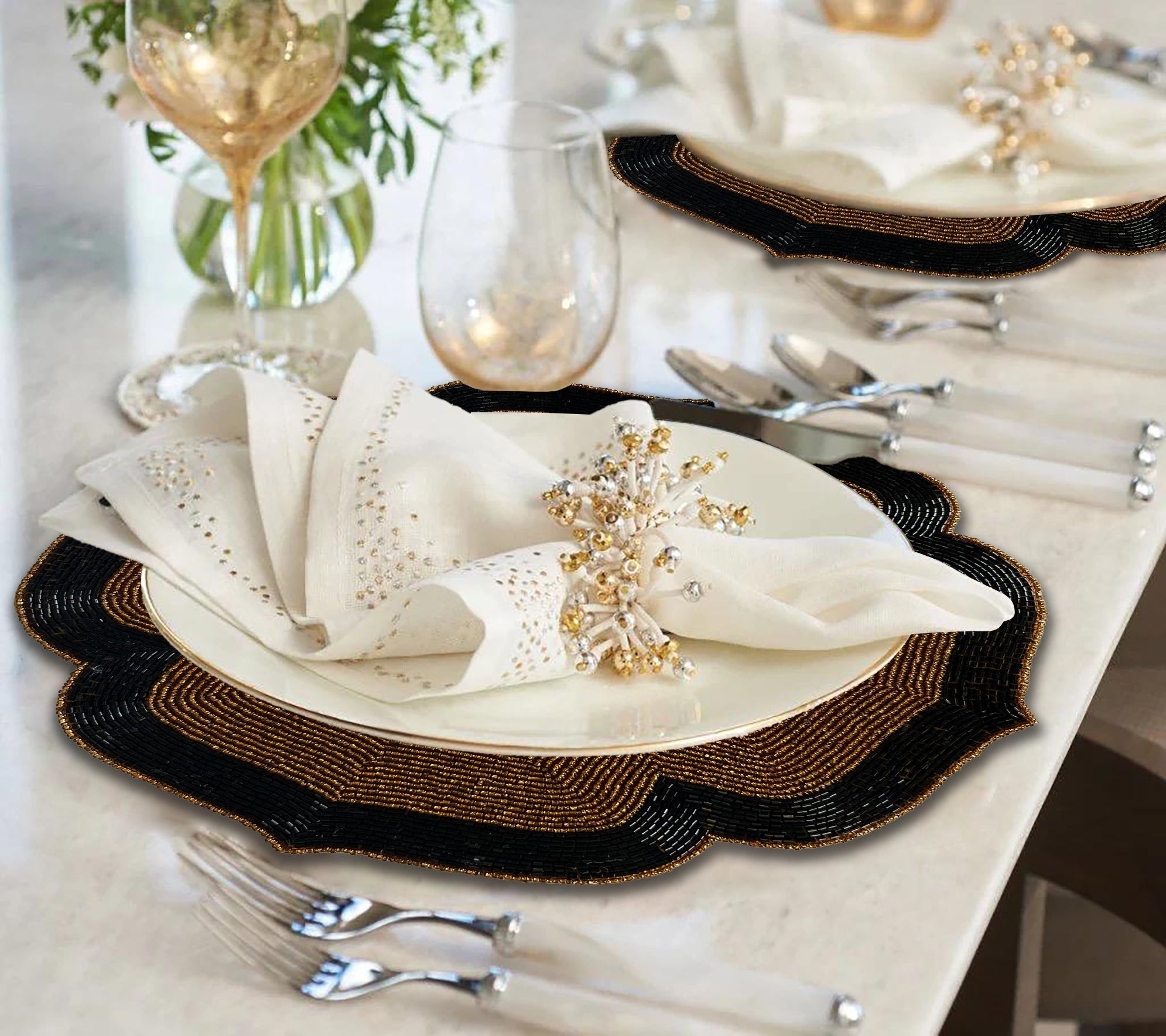 Chestnut Shadow – Beaded Placemats in Dark Brown and Black Artistic Heat-Resistant Dining Table Décor 14 inch