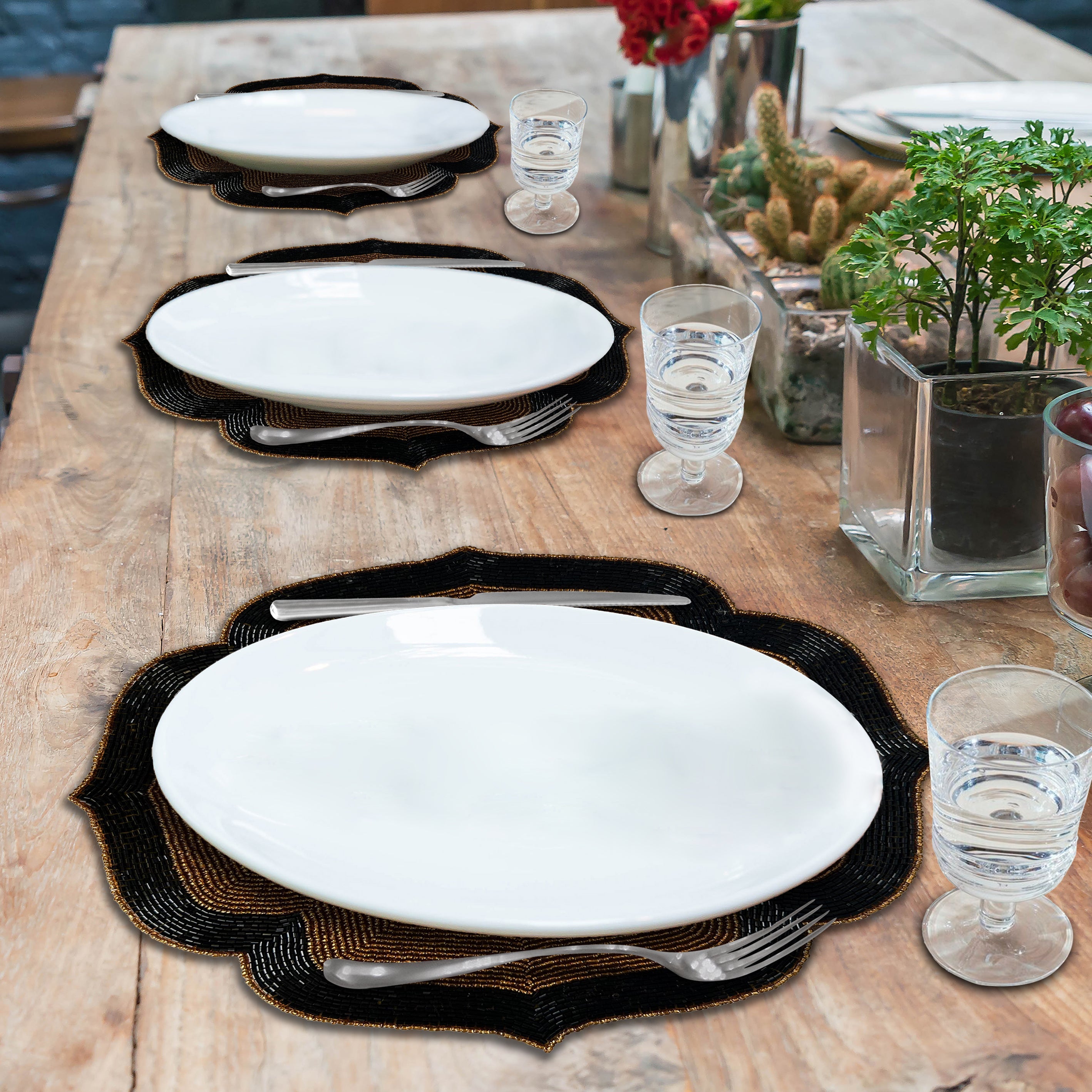 Chestnut Shadow – Beaded Placemats in Dark Brown and Black Artistic Heat-Resistant Dining Table Décor 14 inch