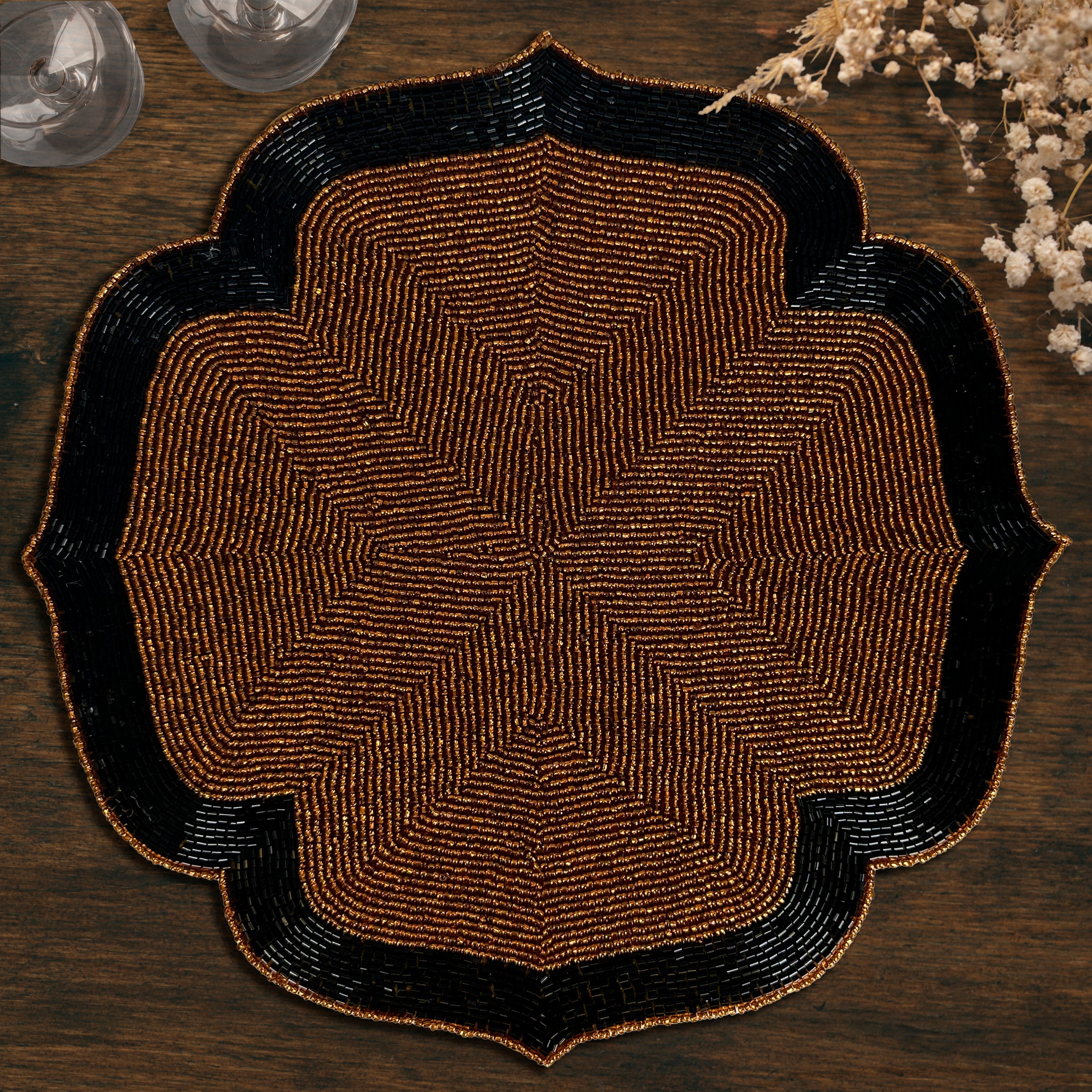 Chestnut Shadow – Beaded Placemats in Dark Brown and Black Artistic Heat-Resistant Dining Table Décor 14 inch