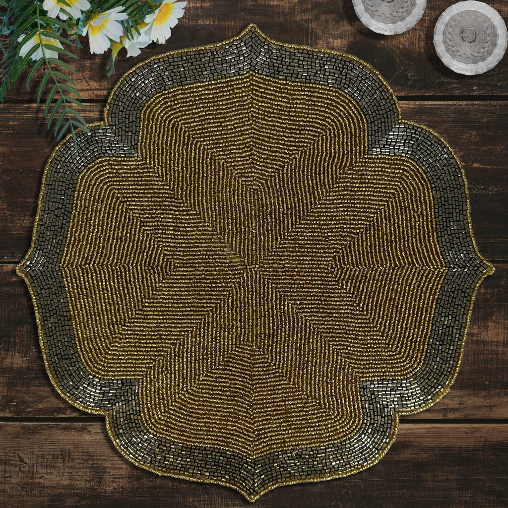 Gilded Shine – Beaded Placemats in Gold and Silver, Artistic Heat-Resistant Dining Table Décor 14 inch