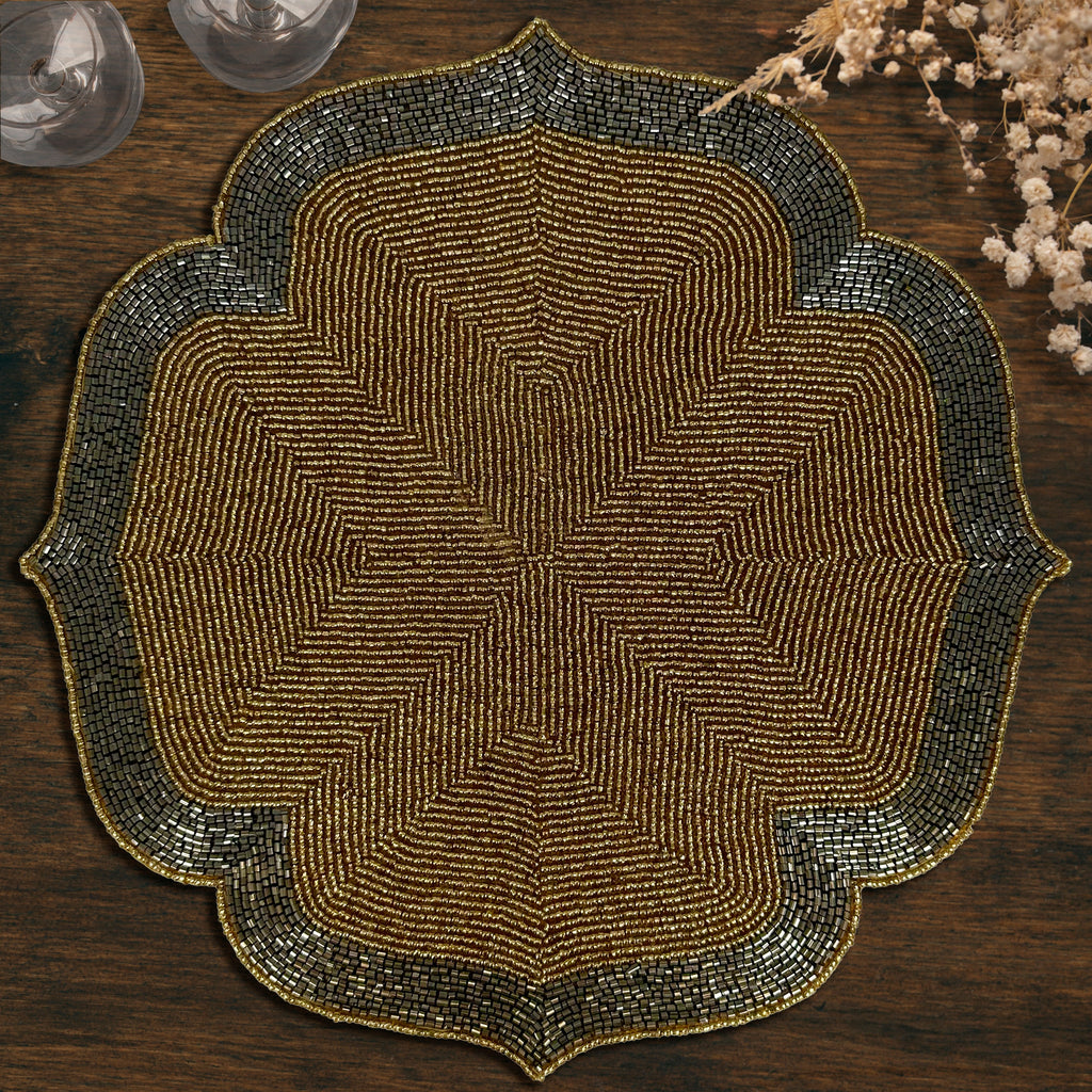 Gilded Shine – Beaded Placemats in Gold and Silver, Artistic Heat-Resistant Dining Table Décor 14 inch