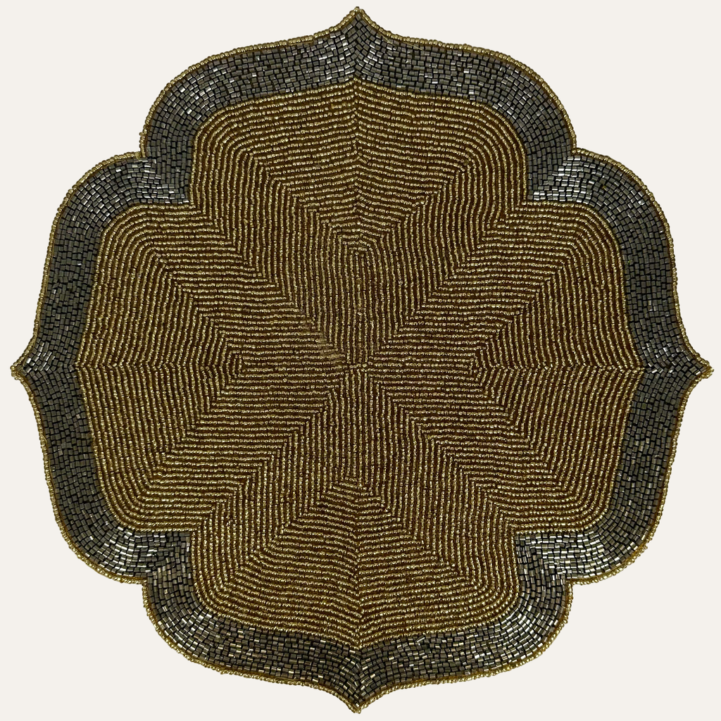 Gilded Shine – Beaded Placemats in Gold and Silver, Artistic Heat-Resistant Dining Table Décor 14 inch