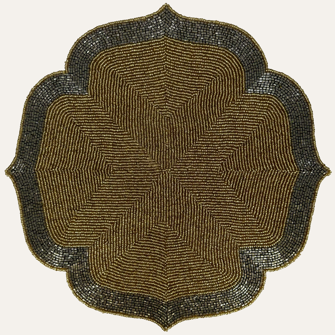 Gilded Shine – Beaded Placemats in Gold and Silver, Artistic Heat-Resistant Dining Table Décor 14 inch