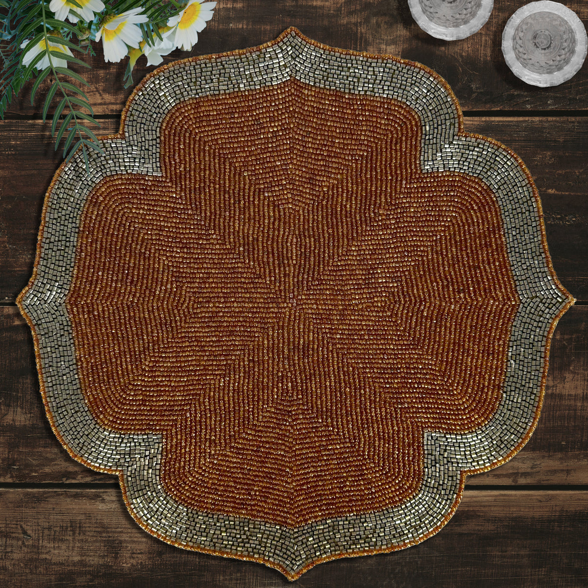 Beaded Placemats – Burnt Orange Silver Artisan Table Mats, Heat Resistant & Non Slip