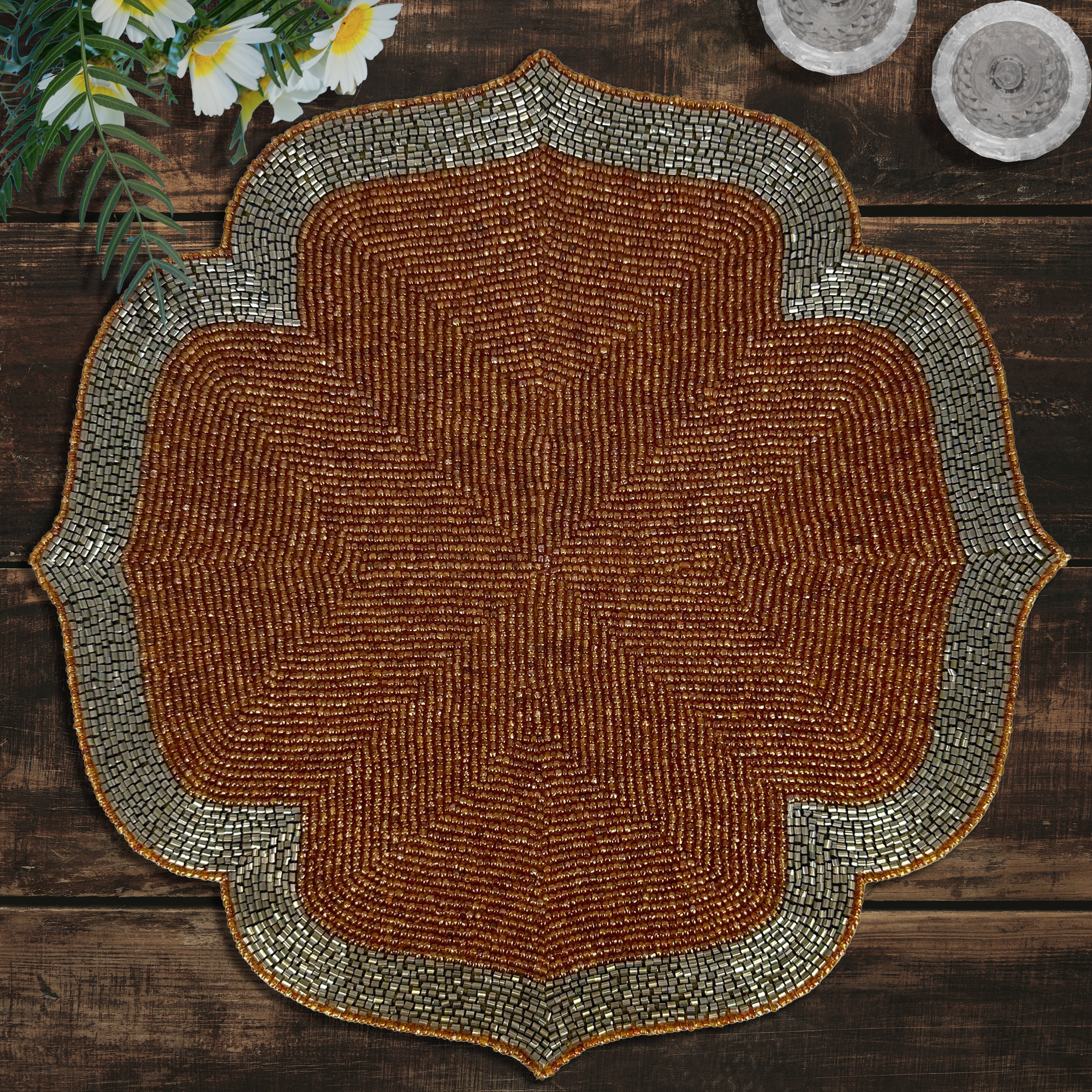 Sunset Frost – Beaded Placemats in Burnt Orange and Silver, Luxurious Decorative Dining Table Accent 14 inch